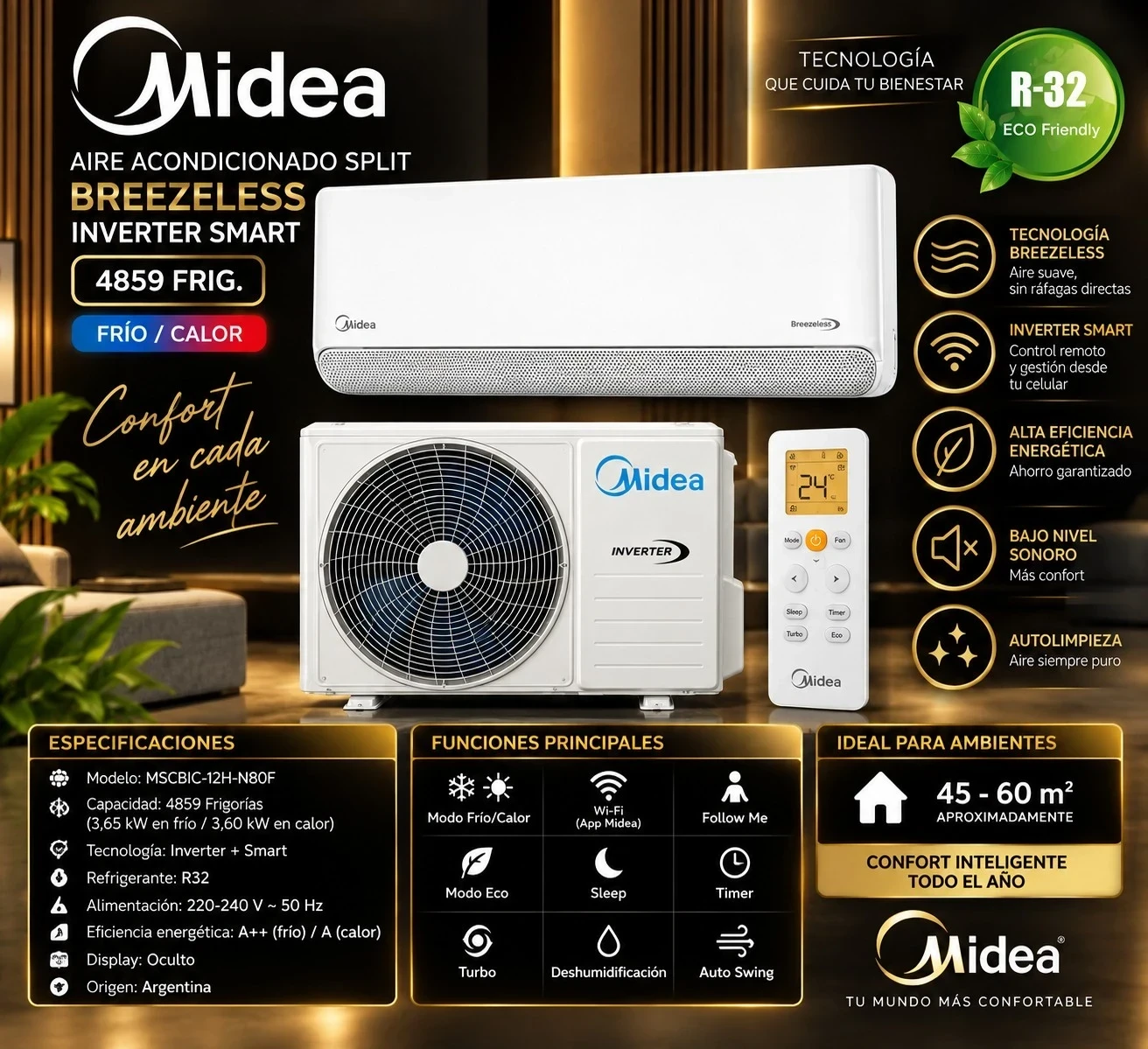AIRE ACONDICIONADO MIDEA 4859F BREEZELESS *CONSULTA DISPONIBILIDAD CON EL VENDEDOR*
