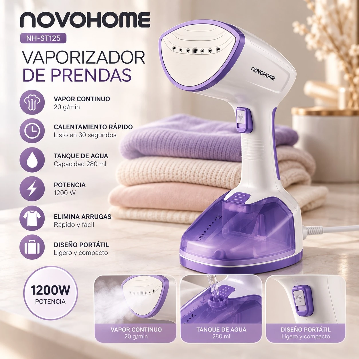 NOVOHOME NH-ST125 – VAPORIZADOR DE PRENDAS *CONSULTA DISPONIBILIDAD CON EL VENDEDOR*