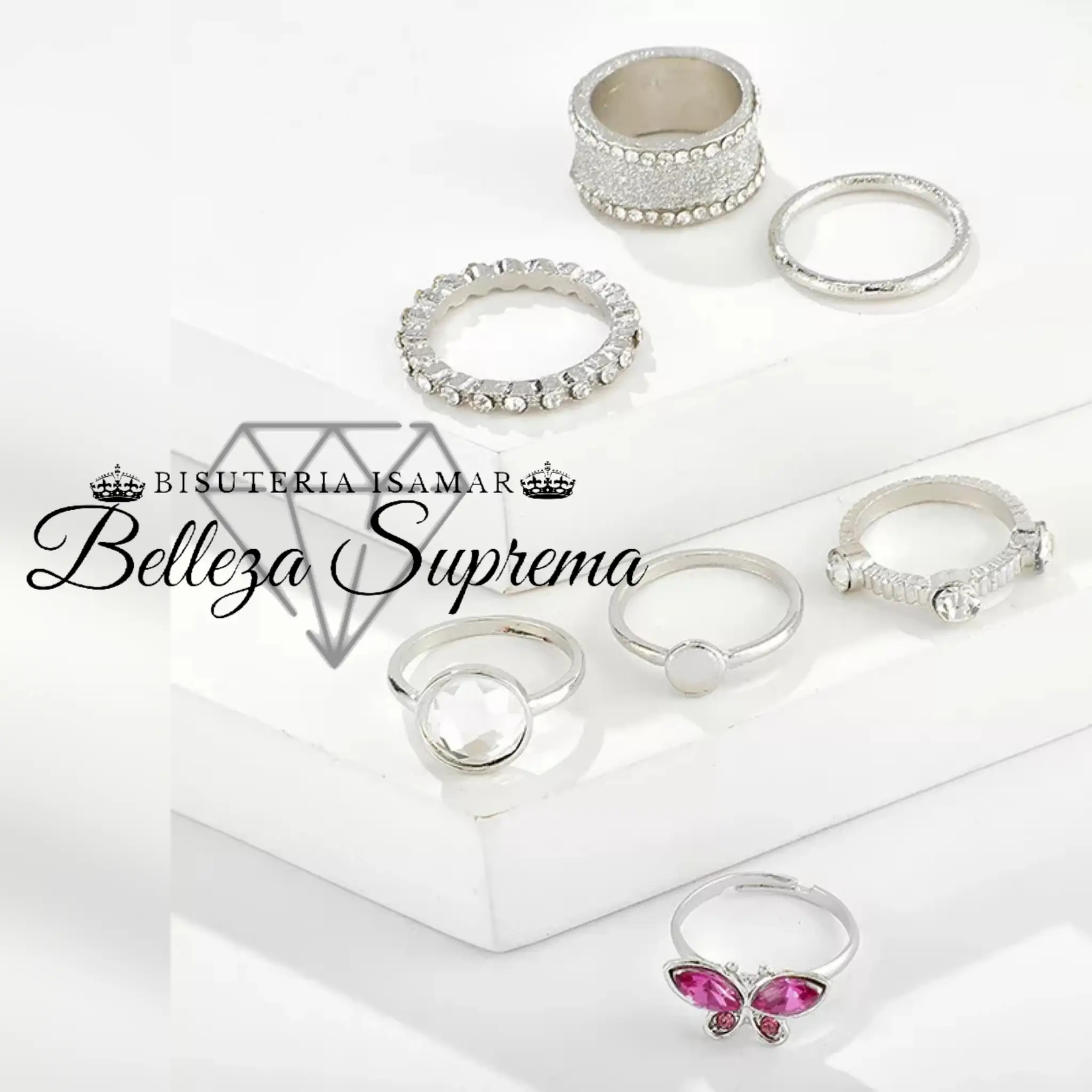 SET DE 7 ANILLOS EN PLATEADO CON BRILLO