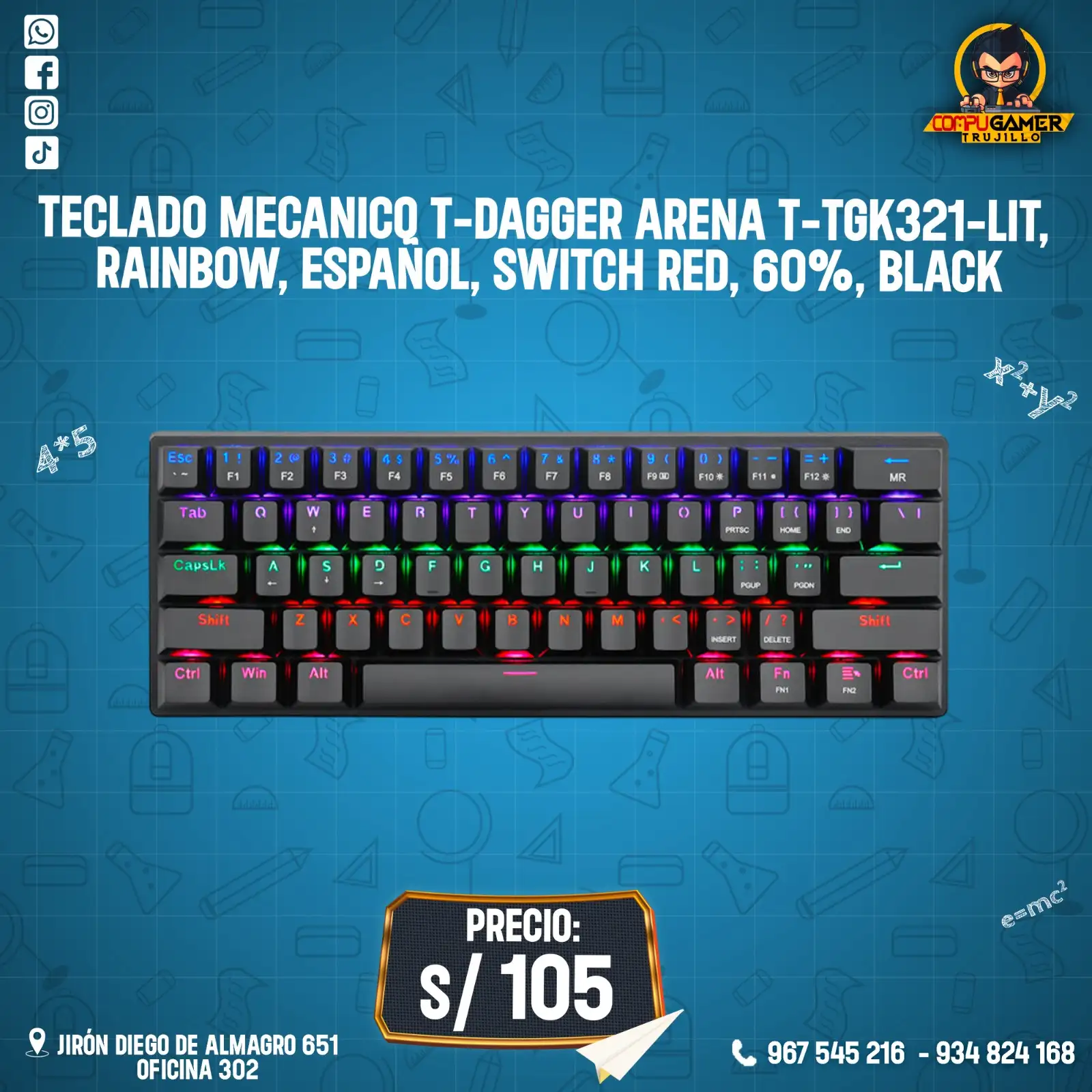 TECLADO MECÁNICO T-DAGGER ARENA TGK321B-LIT, RAINBOW, ESPAÑOL, SWITCH RED, 60%, BLACK