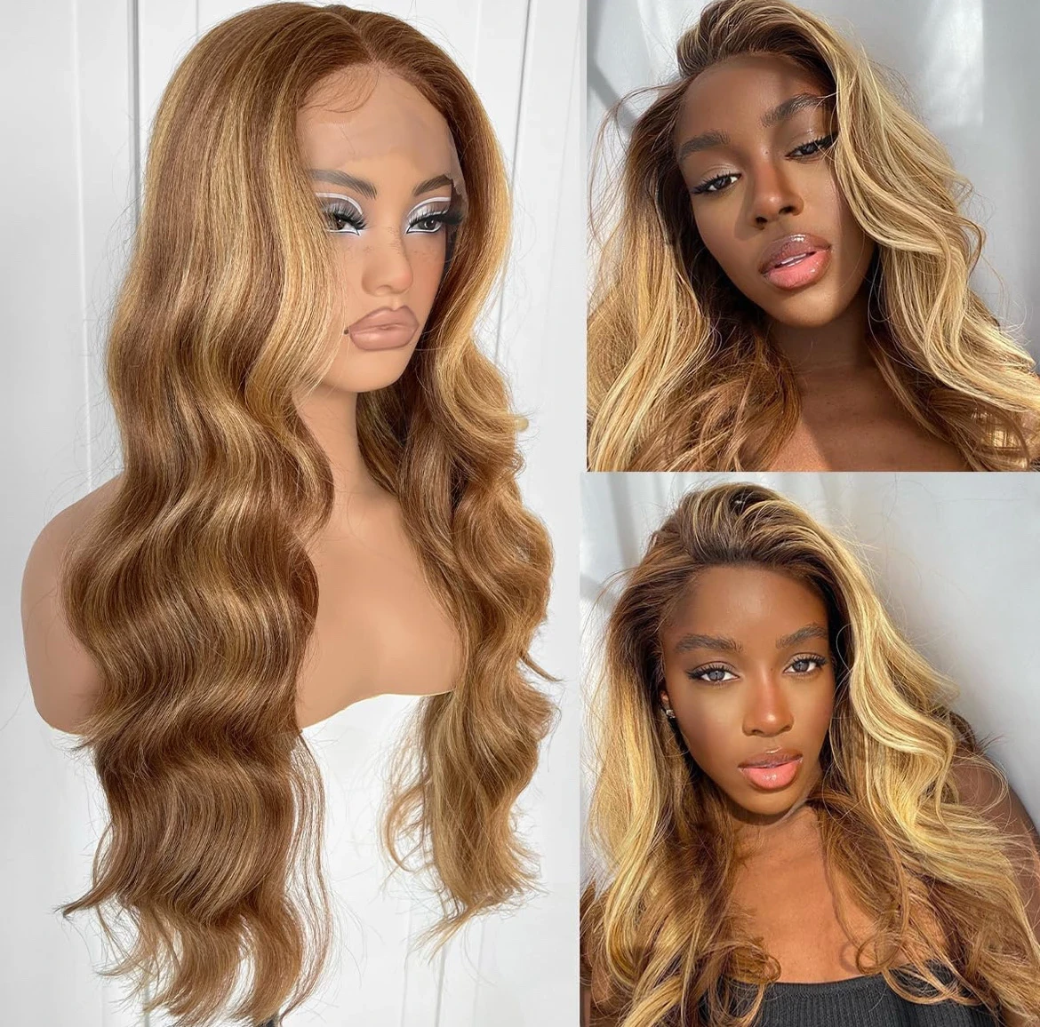 Peluca de encaje frontal sin pegamento con reflejos previamente despuntados, pelucas listas para usar, peluca de encaje frontal rubio miel, peluca balayage