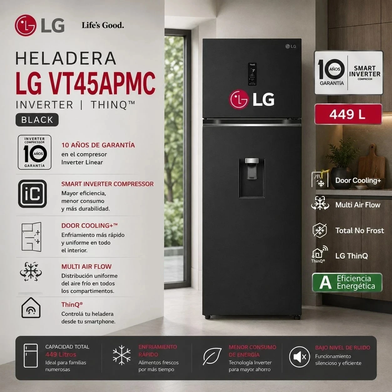 HELADERA LG 449LTS INVERTER VT45APMC TOTAL BLACK