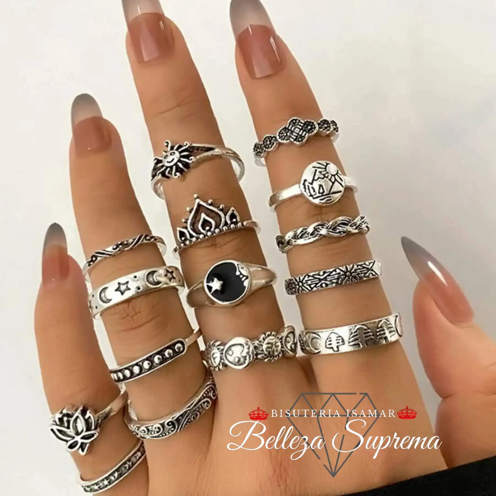 SET DE 17 ANILLOS EN PLATA QUEMADA LUNA SOL
