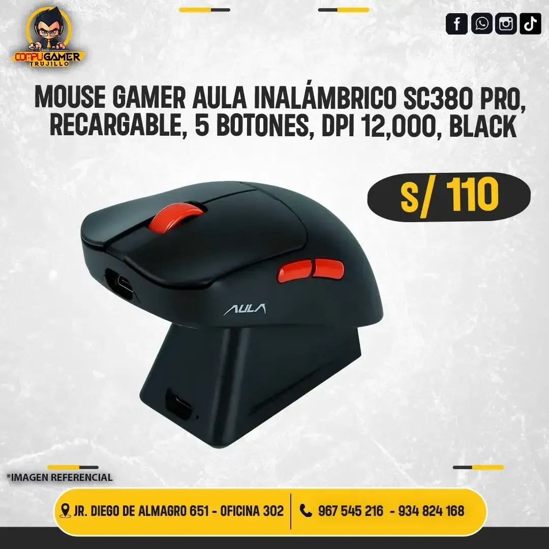 MOUSE GAMER AULA INALAMBRICO SC380 PRO, RECARGABLE, 5 BOTONES, DPI 12,000, BLACK