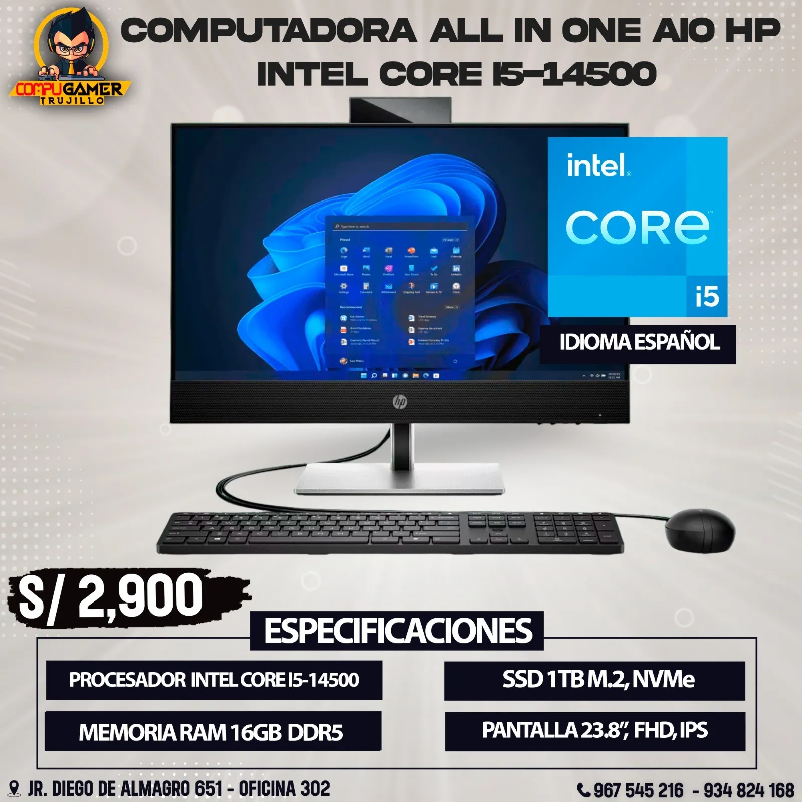 COMPUTADORA ALL IN ONE AIO HP INTEL CORE I5-14500, RAM 16GB, SSD 1TB, PANTALLA 23.8"