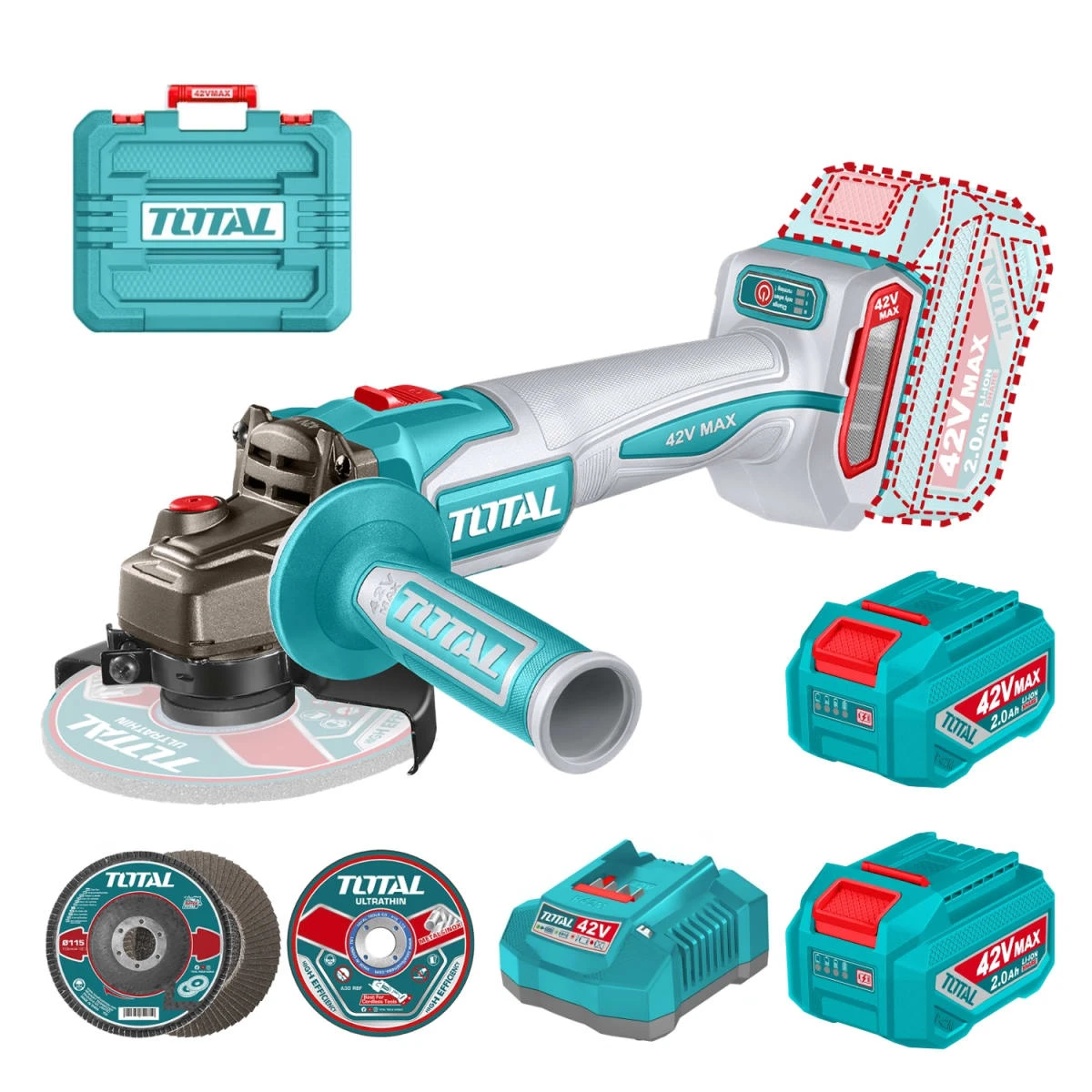 TAGLI4108112 Amoladora inalambrica 1080w 4 1/2'' + 2 batería y cargador 42v total  2