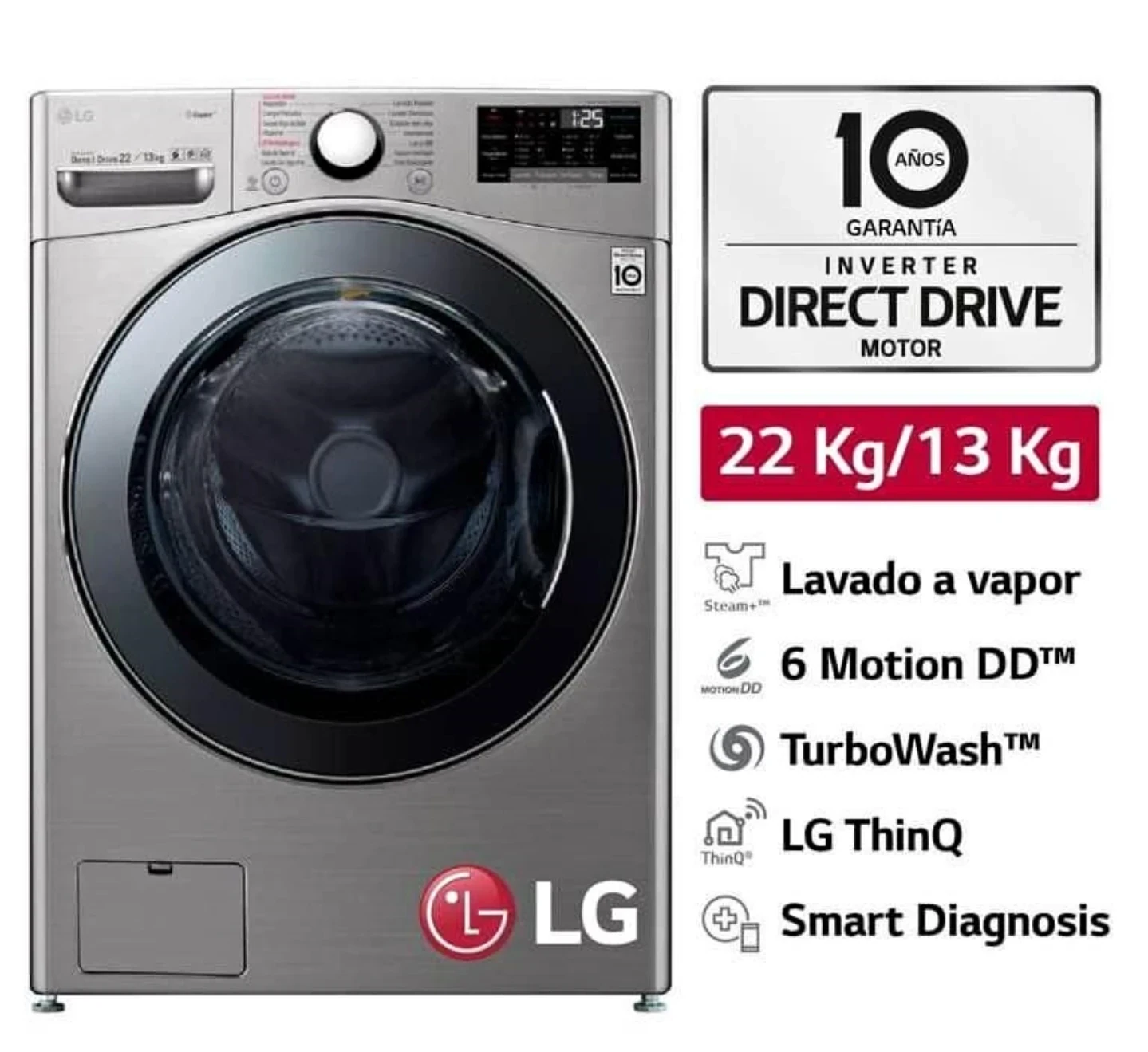 Lavasecarropas LG Carga Frontal - Capacidad 22Kg/13Kg