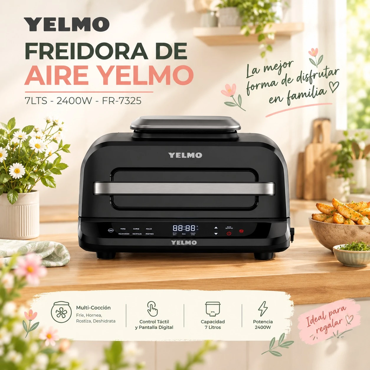 FREIDORA DE AIRE YELMO 7LTS 2400W MULTI COCCION FR-7325