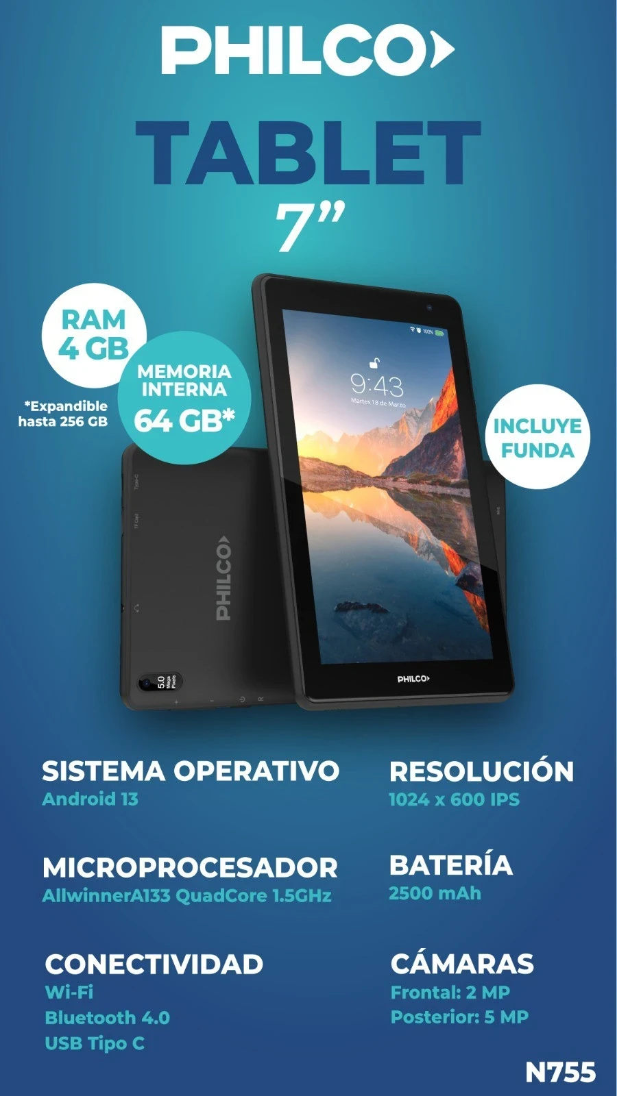 🪄 *TABLET PHILCO 7" 64/4GB ANDROID 13 FUNDA DE REGALO 🎁