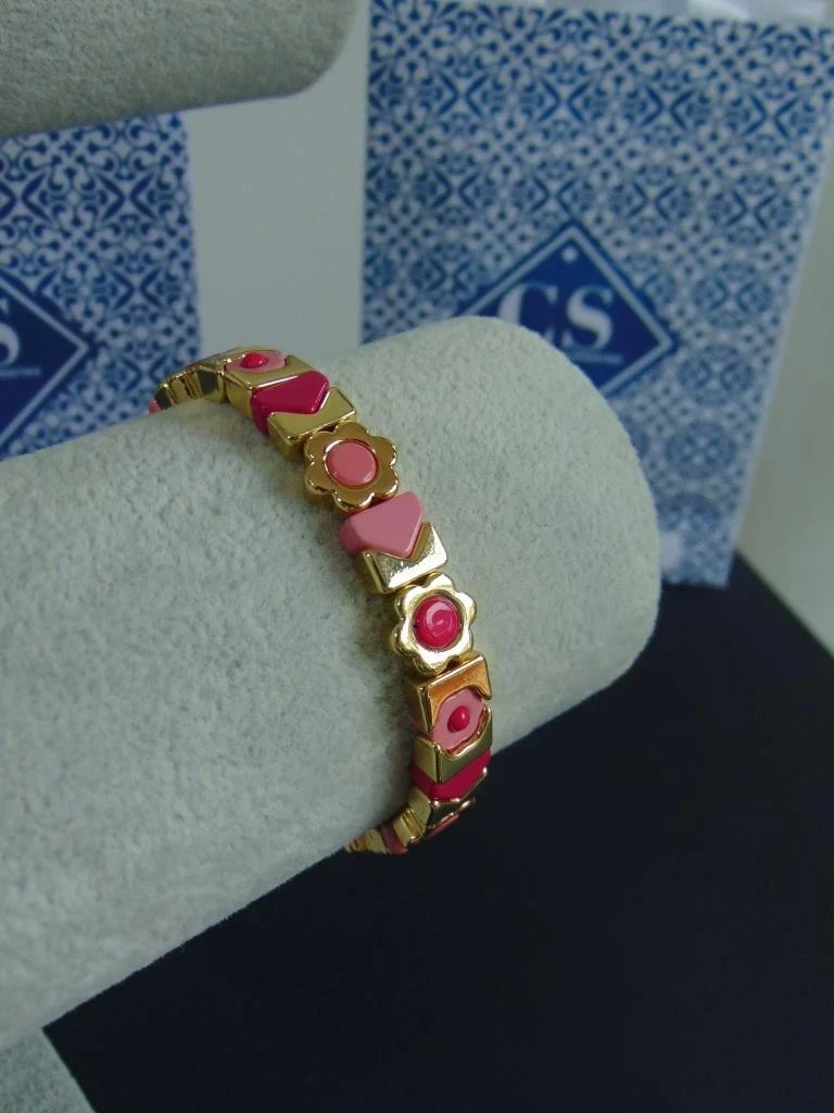 PULSERA ACERO DORADA ELASTICA DIJES FLORES ROSA 2