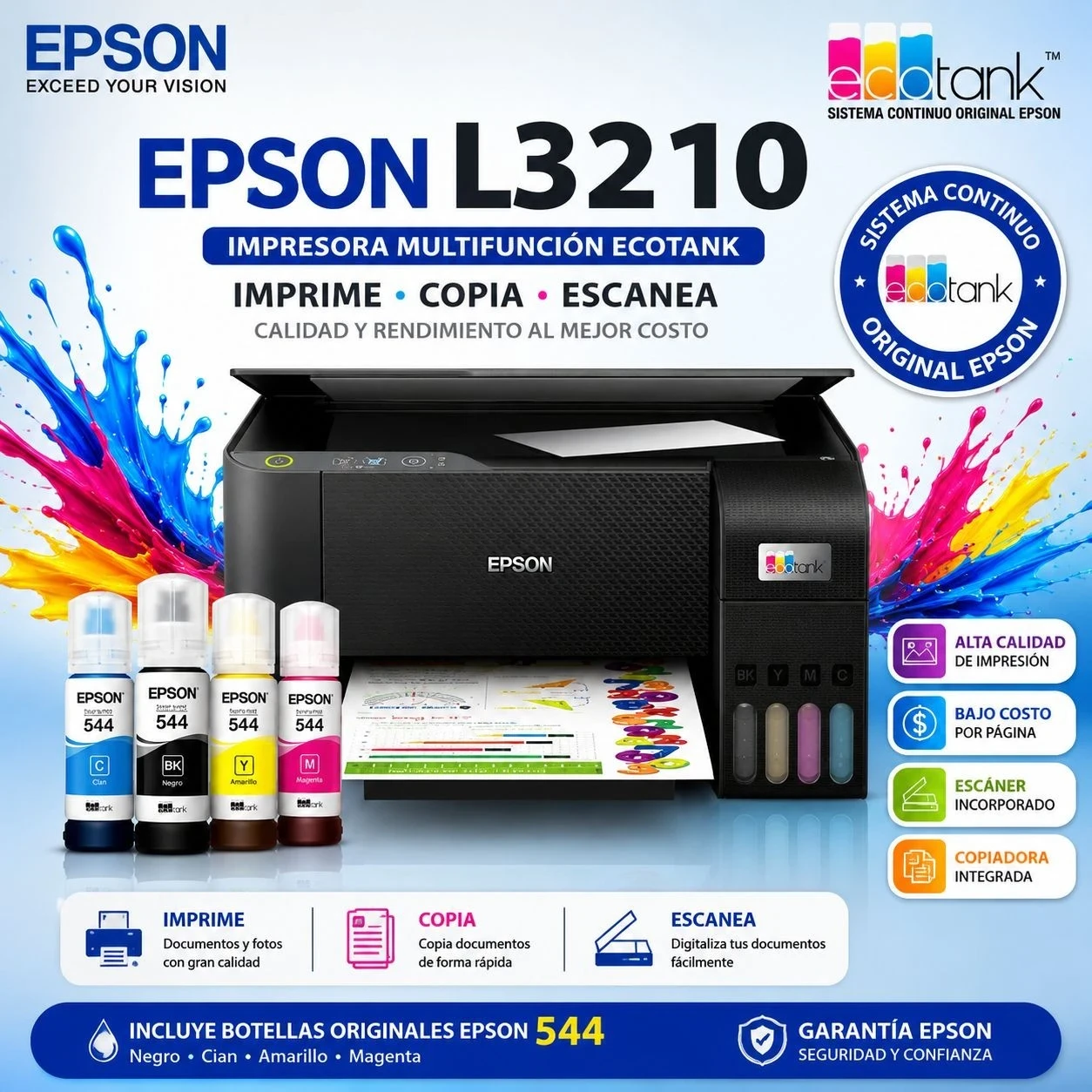 Impresora Multifuncional Epson L3210 c/sistema continuo 