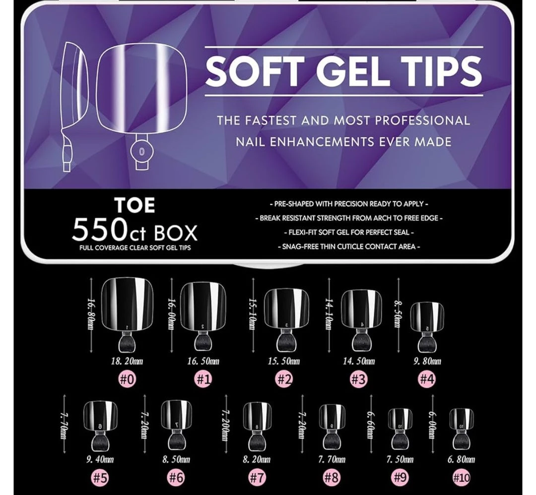 Extensiones para Uñas Pies Soft Gel Tips Toe 550ct Box