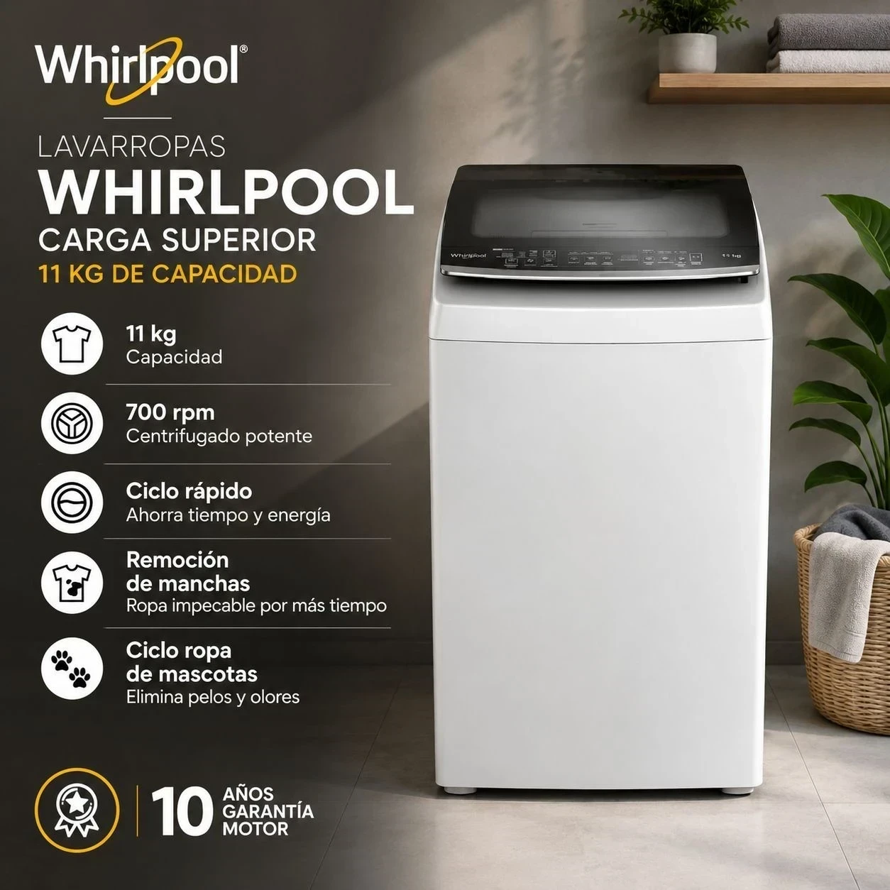 LAVARROPAS WHIRLPOOL 11KG CARGA SUPERIOR BLANCO.  ‼️SOLO POR PEDIDOS ‼️ 