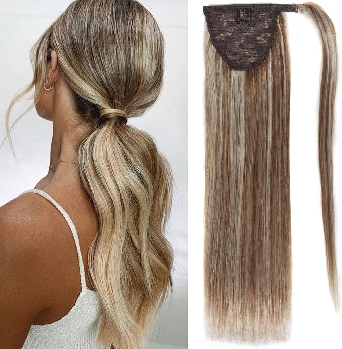 Cola de caballo de cabello humano rubio para mujer, extensiones de cabello humano con clip, extensiones de cabello largo para cola de caballo 16 pulgadas , cabello Remy lacio de una pieza