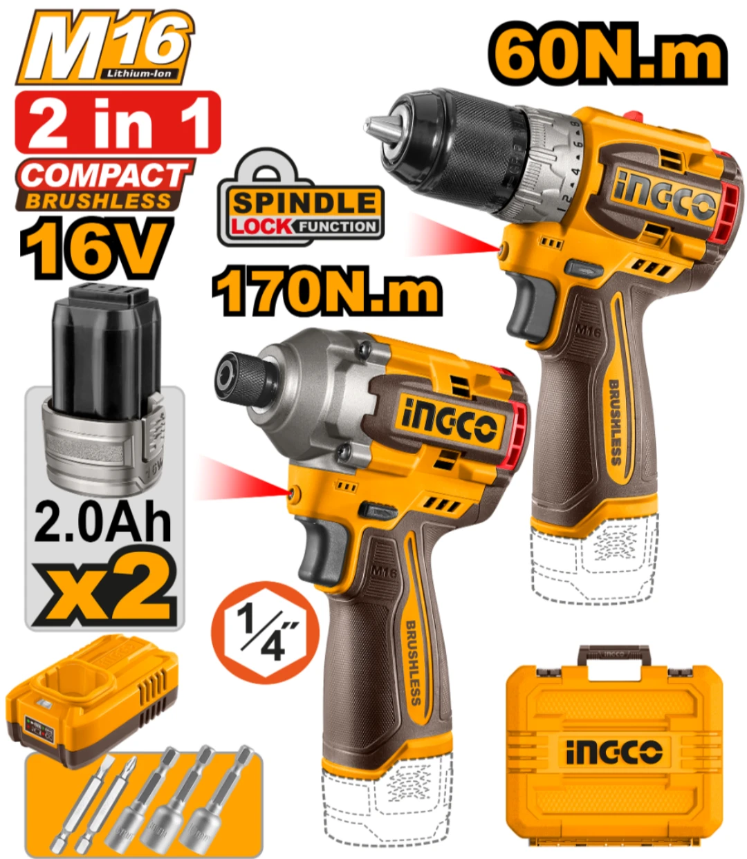 KIT A BATERIA M16 16V TALADRO ATORNILLADOR 60NM + ATORNILLADOR DE IMPACTO 170NM BRUSHLESS C/2BAT, CARGADOR, VALIJA Y AC