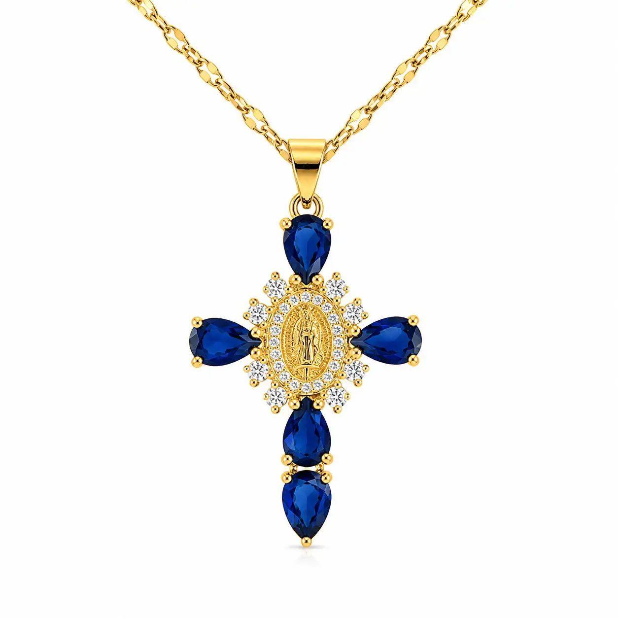 Cadena Y Dije En Acero Con Piedra Circon De Cruz Virgen De Guadalupe Azul