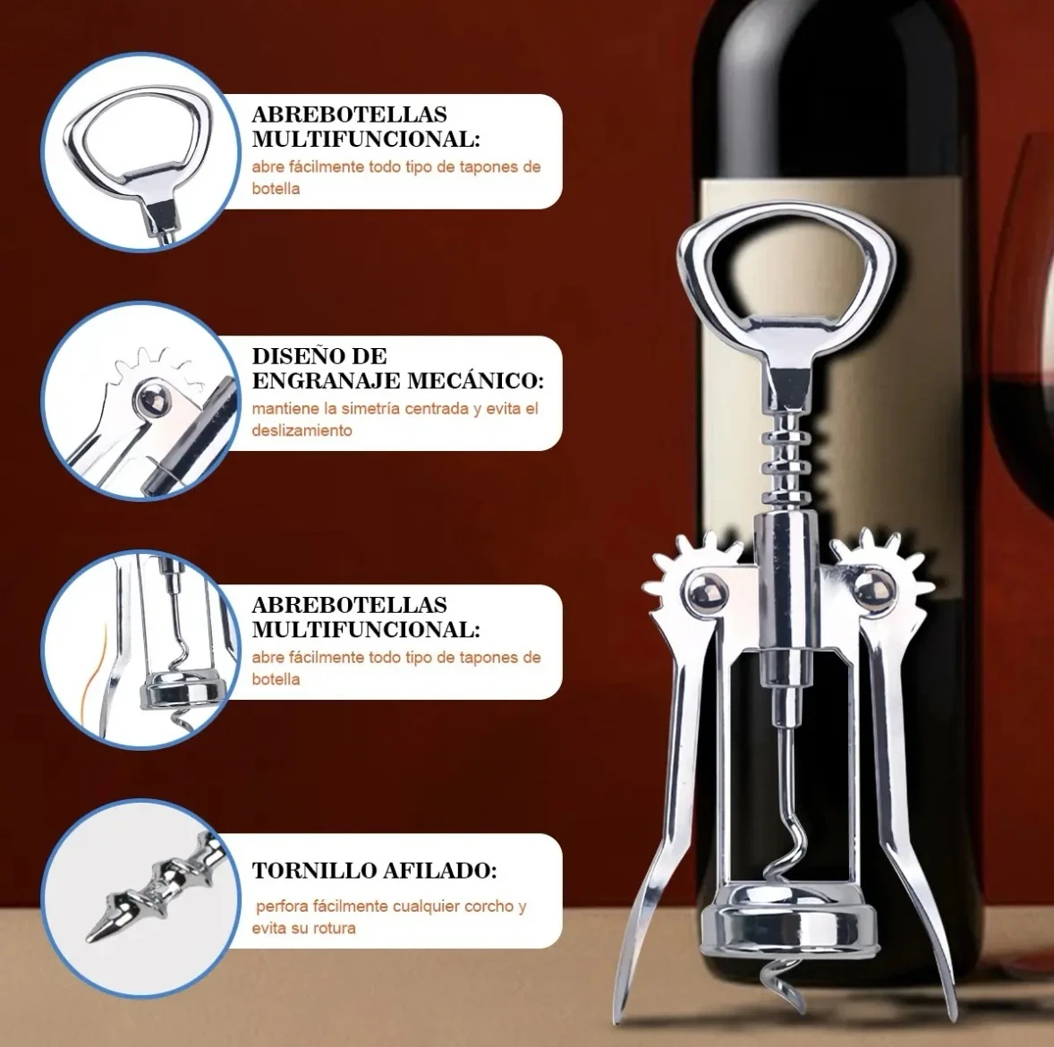 🍾 Sacacorchos de Alas Multifuncional 2 en 1 – Destapador de Vinos y Cervezas 4