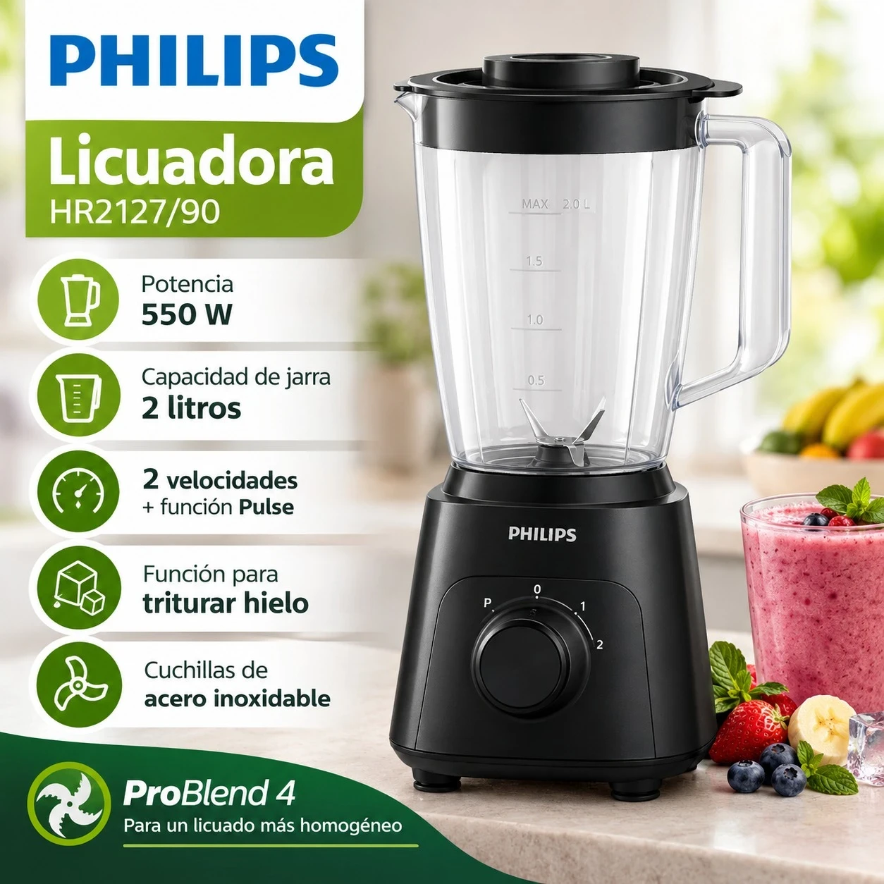 LICUADORA PHILIPS HR2127/ 90 JARRA DE PLASTICO 2LTS