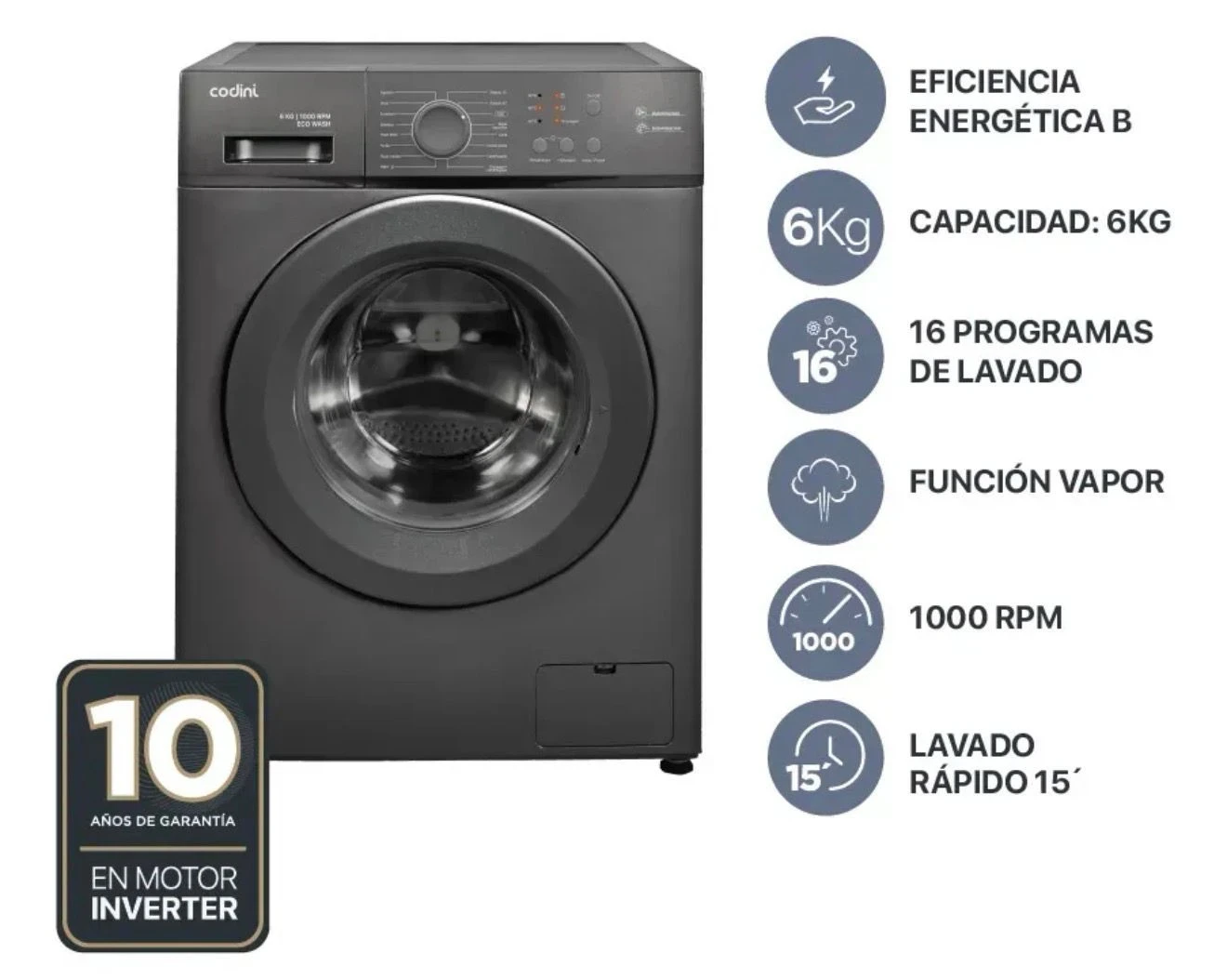 LAVARROPAS CODINI INVERTER 6KG SILVER 1000RPM