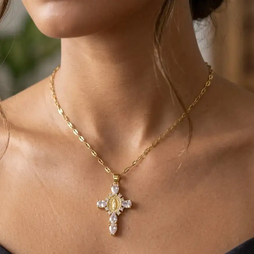 Cadena Y Dije En Acero Con Piedra Circon De Cruz Virgen De Guadalupe Blanca 2