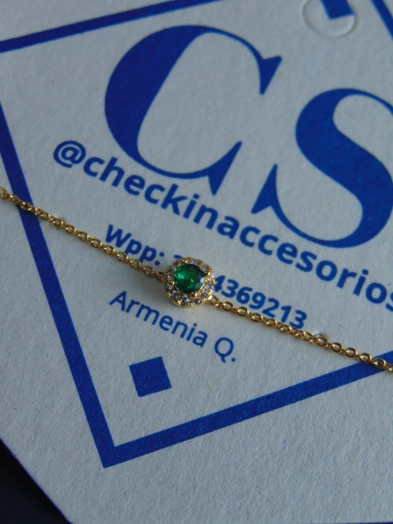 PULSERA ORO LAMINADO 18K DELGADA DIJE TIFFANI VERDE 18CM LARGO 2