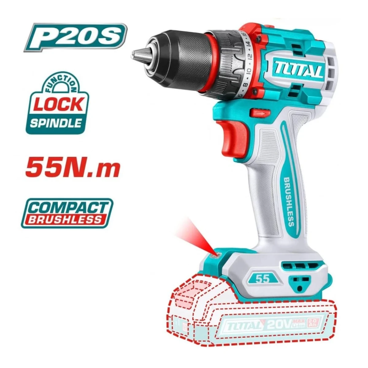 TDLI205582 Taladro atornillador 55nm 20v incluye batería y cargador tdli205582 total 2