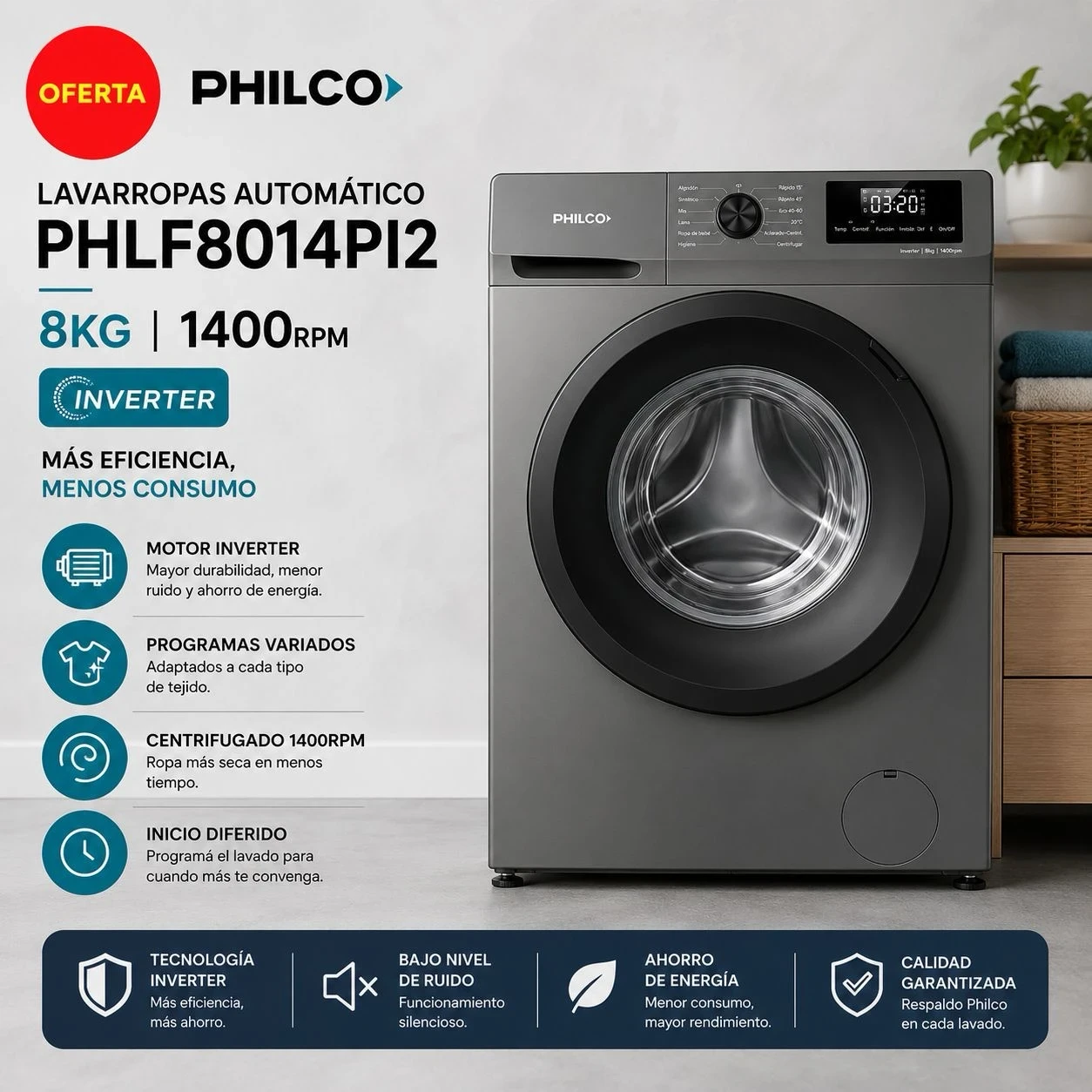 Lavarropas Automático Philco PHLF8014PI2 8Kg 1400rpm Inverter