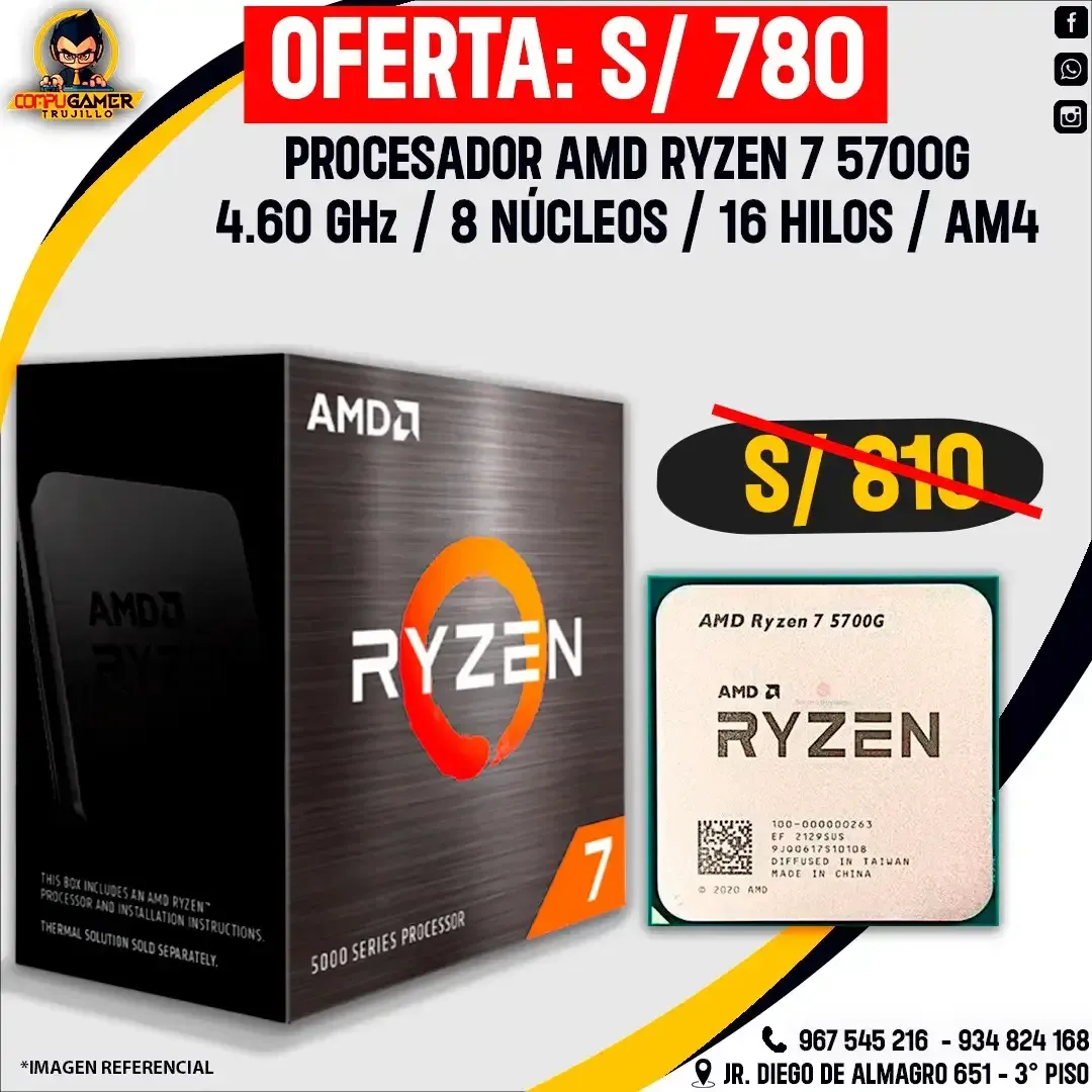 PROCESADOR RYZEN AMD 7 5700G AM4, 4.60GHZ, 8 NÚCLEOS, 16 HILOS
