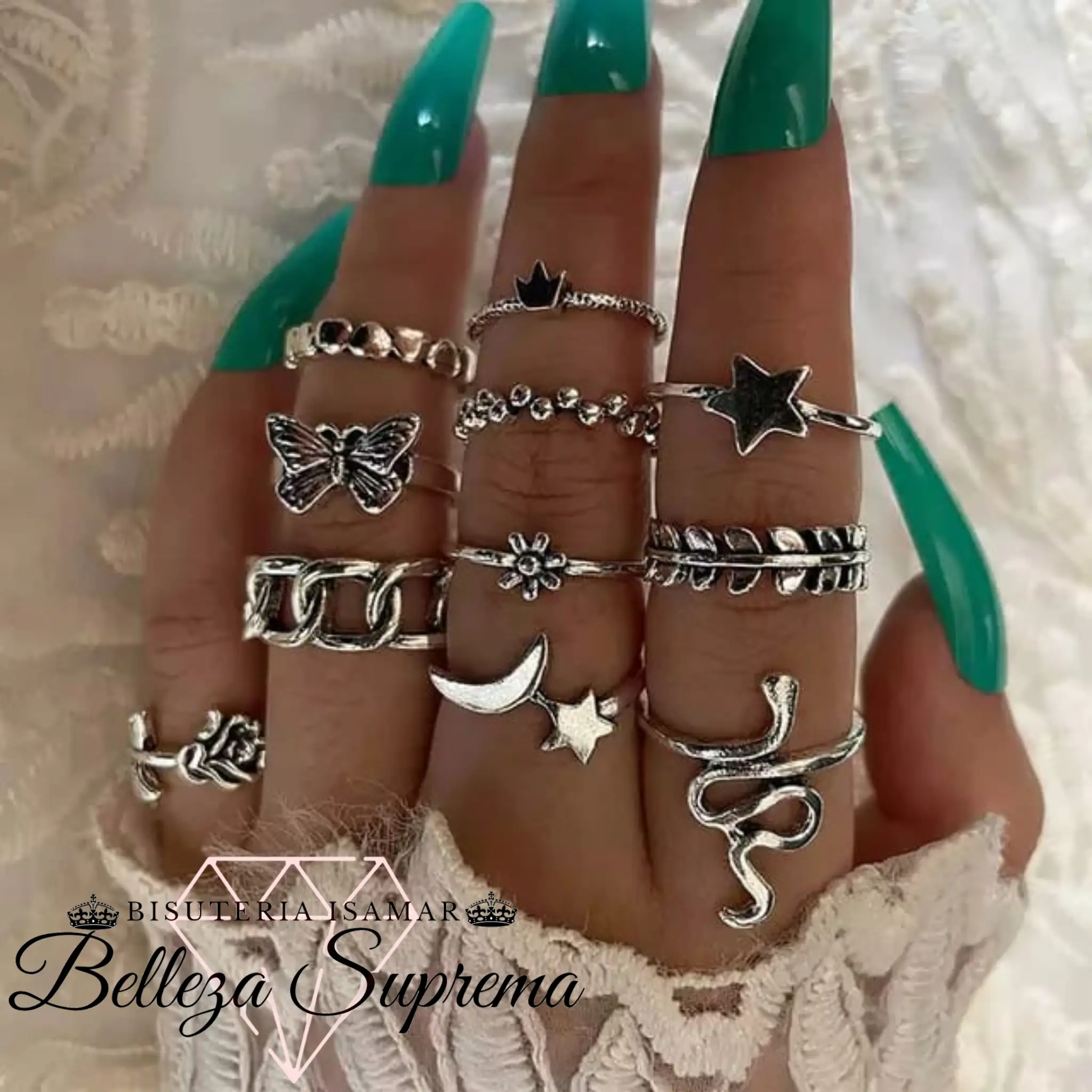 SET DE 11 ANILLOS EN PLATA QUEMADA