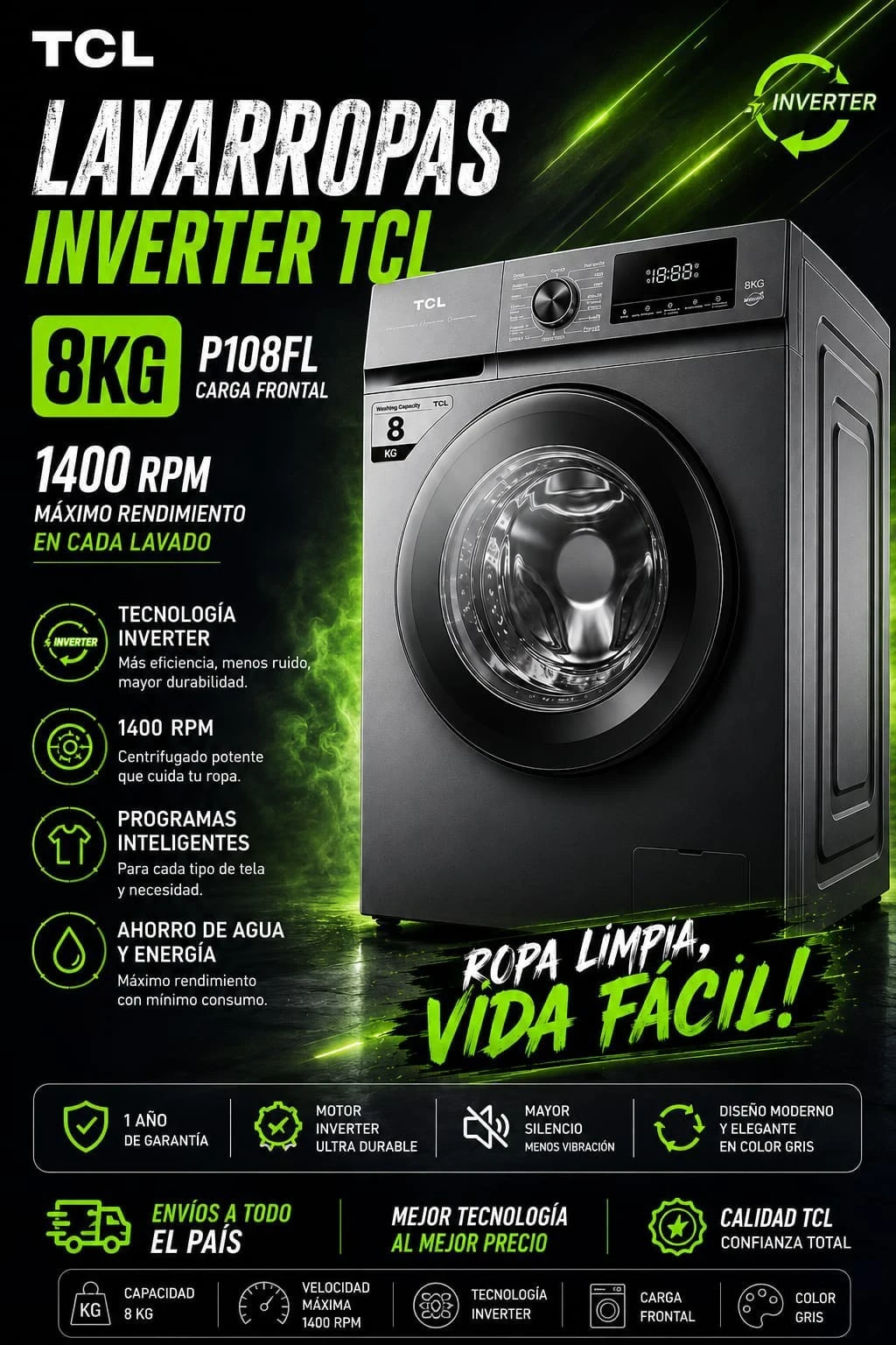 Lavarropas Inverter TCL 8kg Gris