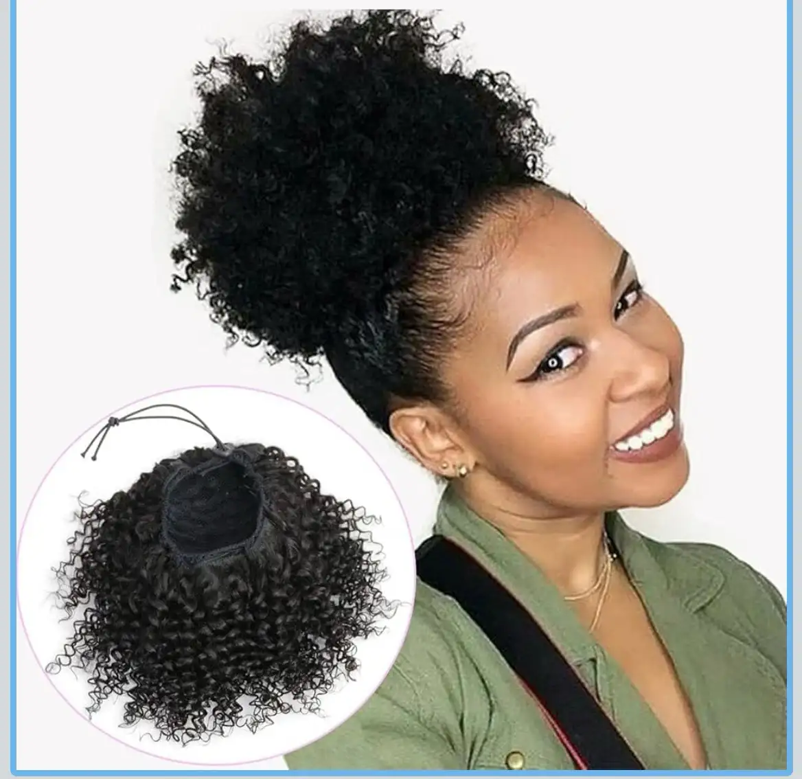 Coletas Naturales con Cordón de Cabello Humano Real para Mujeres Negras Africanas, Niñas, Niños, Moños Cortos Afro Puffs Kinky Rizado con 2 Peines Estables (8 Pulgadas, #1B Negro Natural)