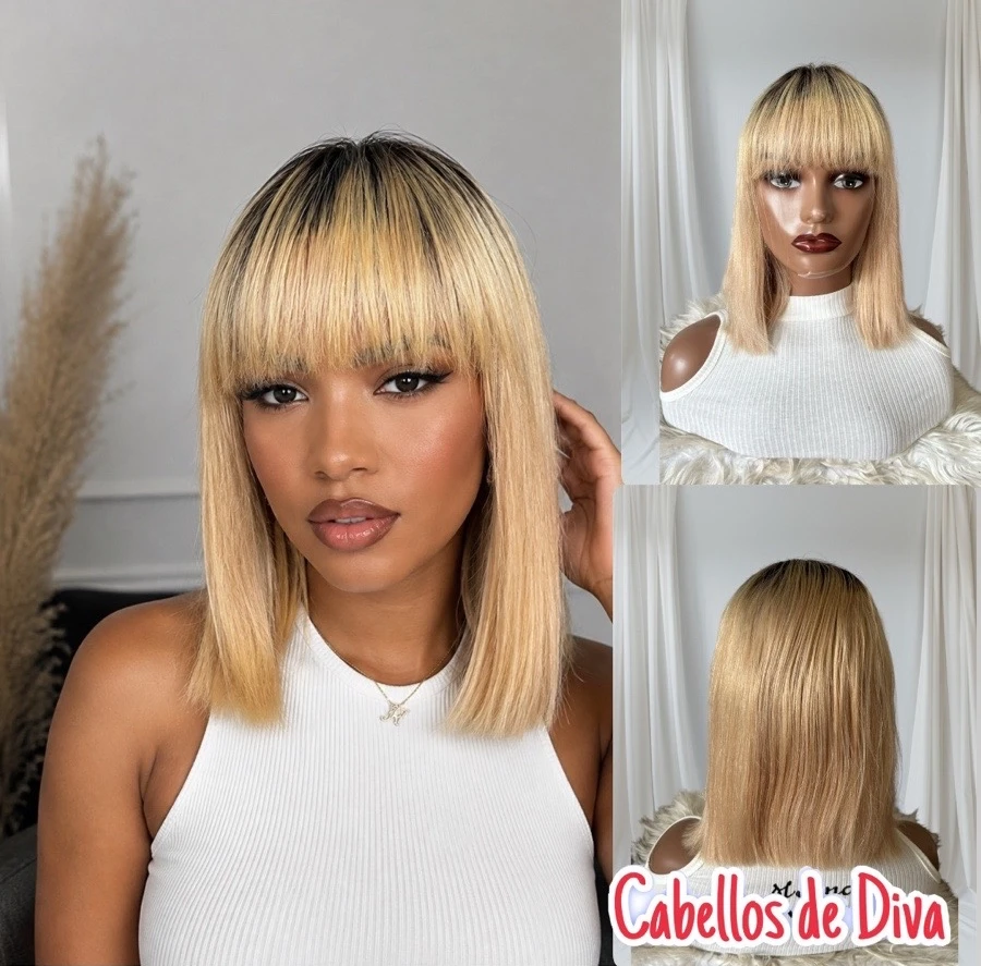 Peluca de cabello humano con flequillo , 12 pulgadas, frontal lace 13x5, 180% de densidad 