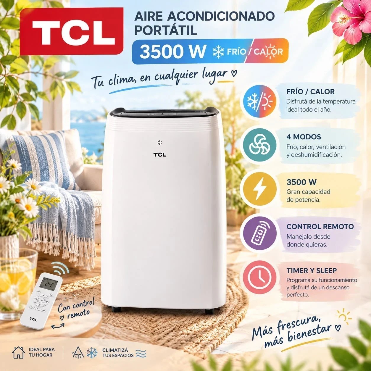Aire Acondicionado Portátil TCL 3500W Frío/Calor