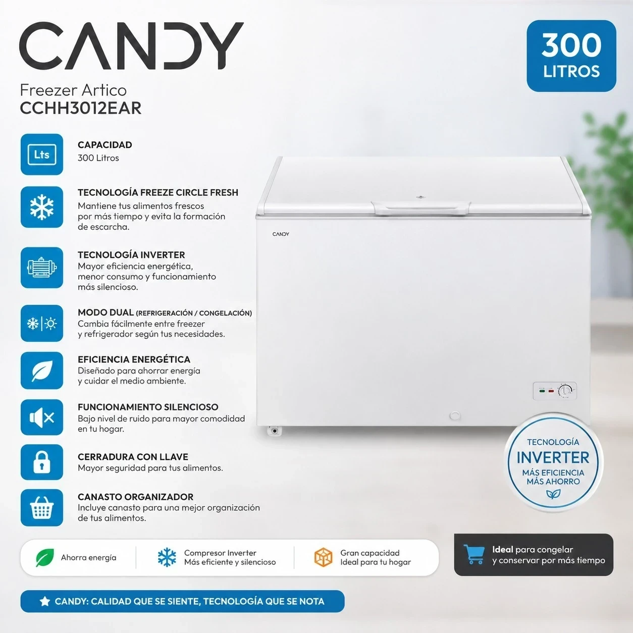  FREEZER HORIZONTAL CANDY CCHH3012EAR – 300 L – INVERTER – MODO DUAL