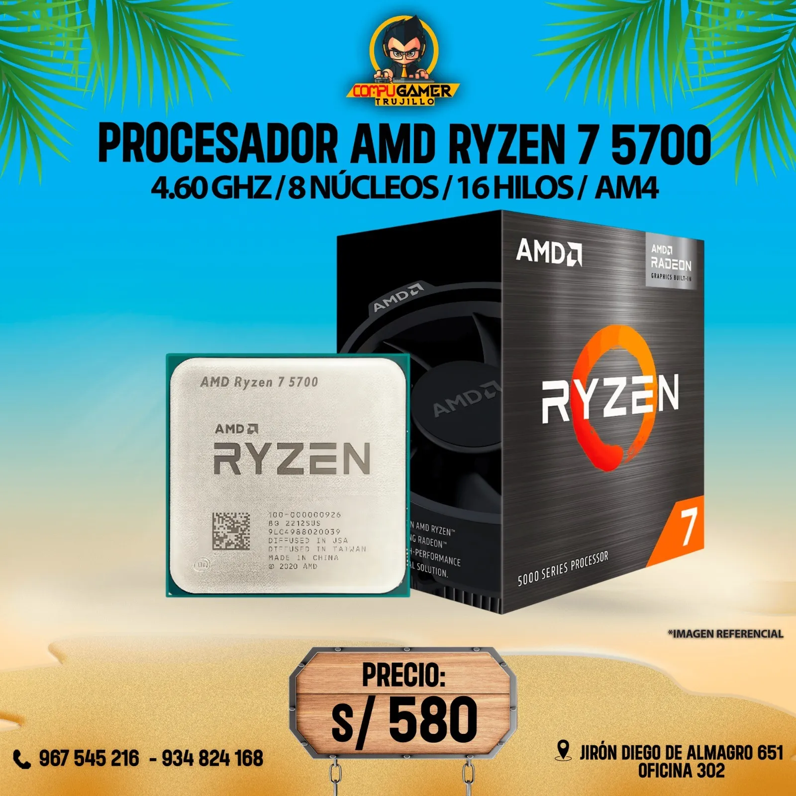 PROCESADOR AMD RYZEN 7 5700, 8 NÚCLEOS, 16 HILOS, 4.60GHZ, AM4