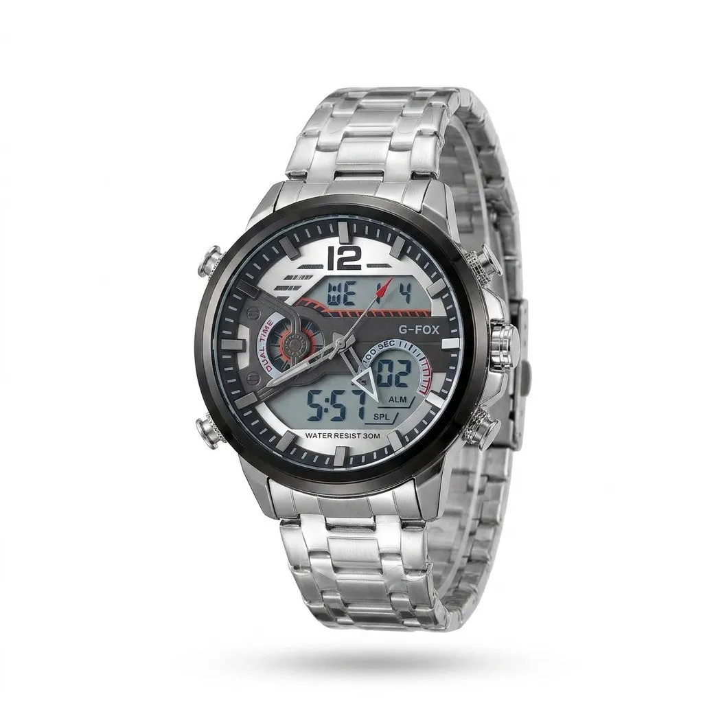 Reloj G Fox Original Acero Doble Hora 1934 Resistente Al Agua Plateado Fondo Plateado Detalles Grises