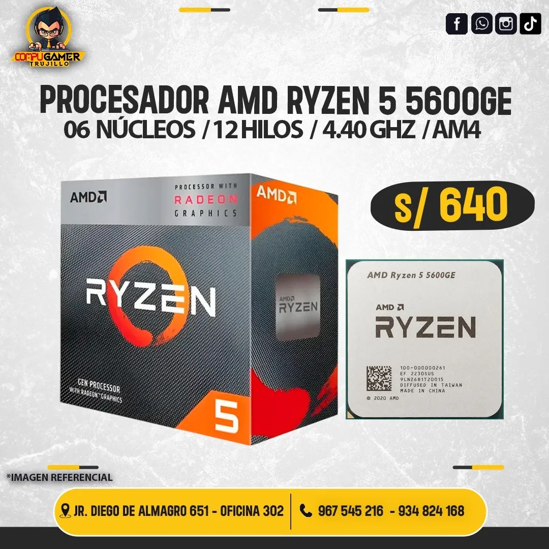 PROCESADOR AMD RYZEN 5 5600GE, 06 NÚCLEOS, 12 HILOS, 4.40GHZ, AM4