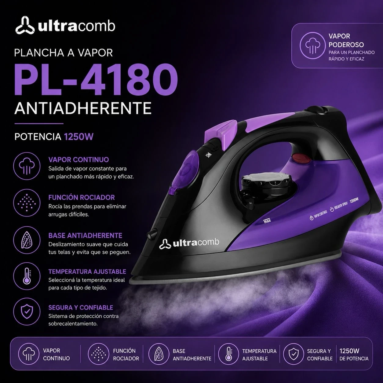 Plancha a Vapor Ultracomb PL-4180 Antiadherente Negro con Violeta