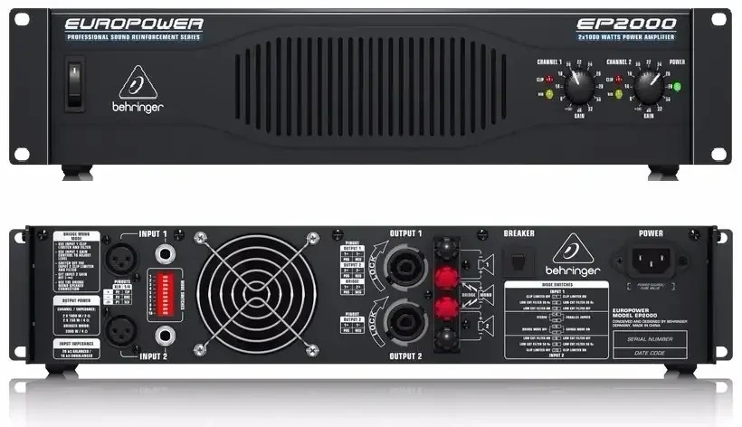 Behringer EP2000  Potencia RMS: 2x 350W 8ohm, 2x 500W 4ohm, 2x 650W 2ohm. Modo puente: 1000W a 8ohm, 1350W a 4ohm Indicación de potencia, señal y clip LED para controlar el funcionamiento Entradas: XLR balanceado y Jack 6,3 estereo Salidas: Speakon y bornes roscados Selección de filtros de baja frecuencia (30 Hz o 50 Hz) eliminar distraer infrarrojos frecuencias de sonido Limitadores independientes por canal ofrecer una protección contra sobrecargas y distorsiones Alto actual transformador toroidal de ultra-alta de respuesta y la fiabilidad absoluta Ultra-fiable Toshiba / Fairchild transistores de potencia Independiente de DC y la protección térmica de sobrecarga en cada canal automáticamente protege el amplificador y los altavoces, sin cerrar el show