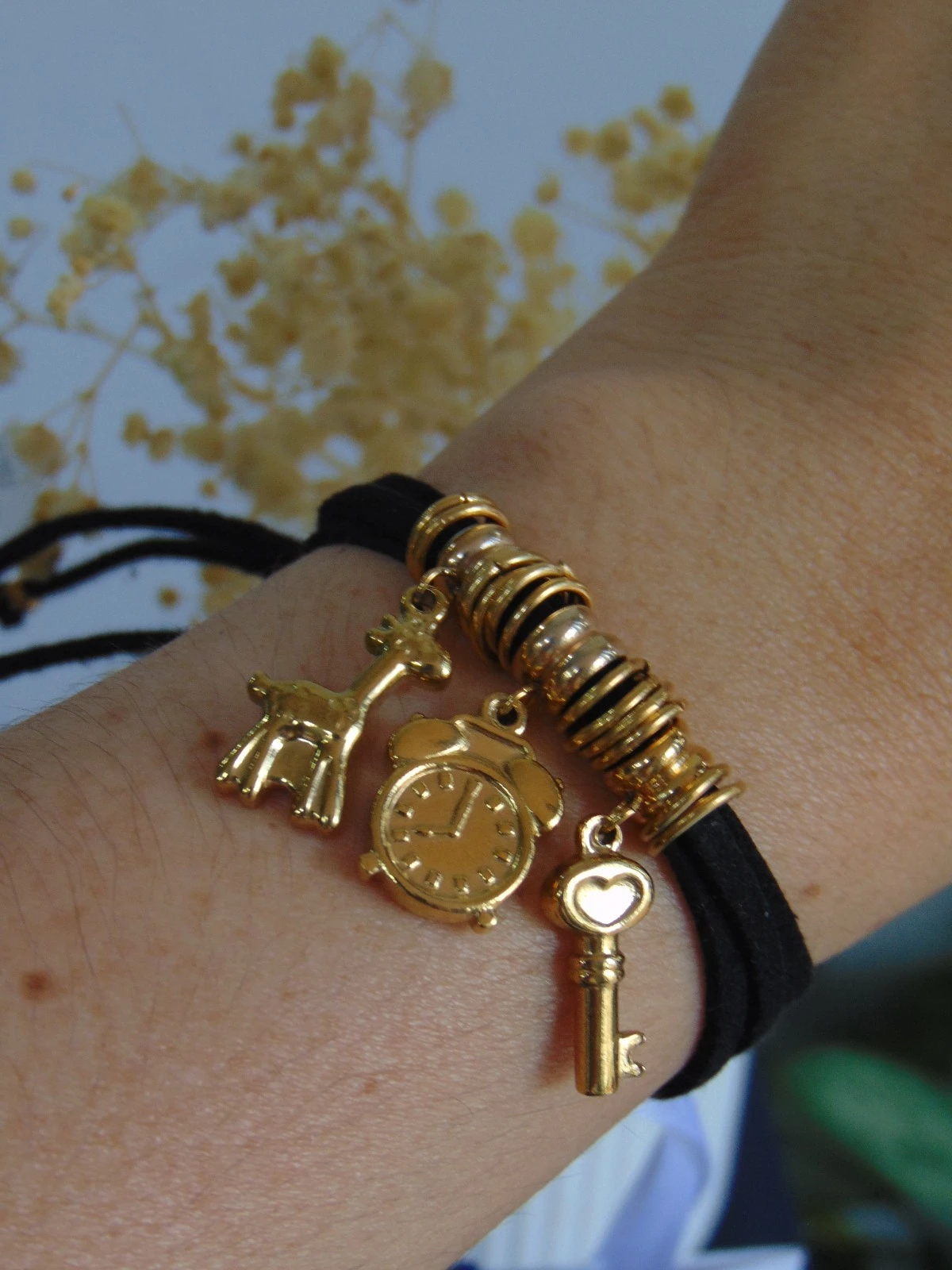 PULSERAS ACERO DOR CUERO NERO DIJES AJUSTABLE 