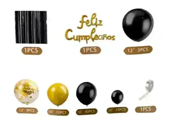 Set guirnalda globos cortina metalizada fc confetti negro/dorado 75 pcs 2