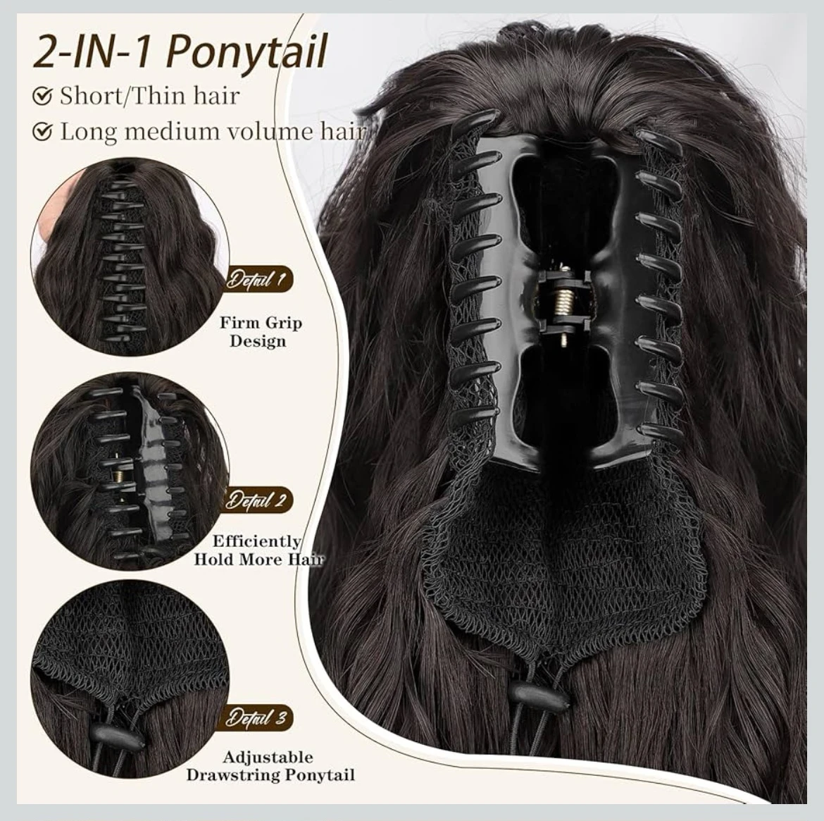 Extensión de coleta de cabello larga rizada de garra, de 30 pulgadas, sintética, esponjosa, de aspecto natural, para uso diario 2