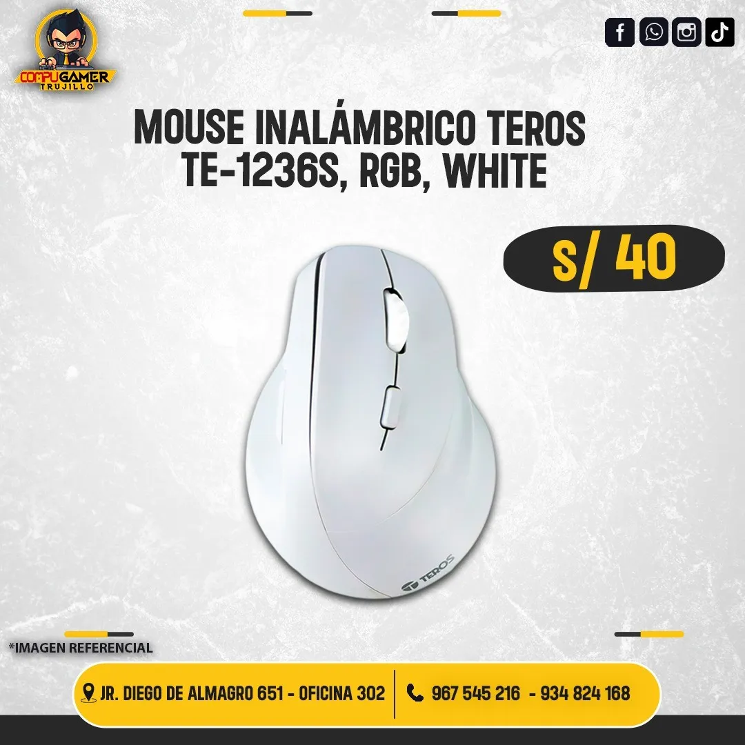 MOUSE INALÁMBRICO TEROS TE-1236S, RGB, WHITE 