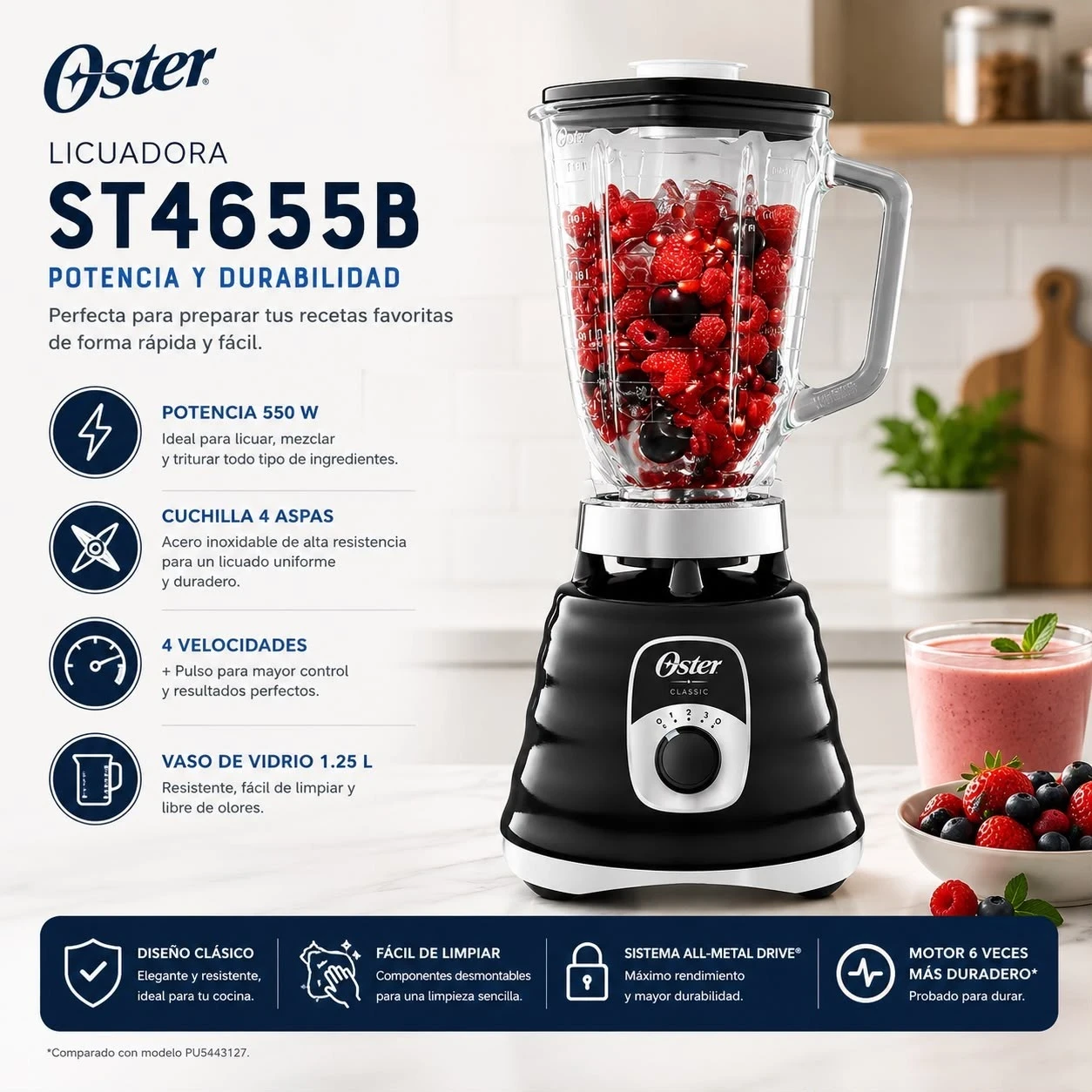Licuadora clásica Oster® negra con perilla ergonómica de 3 velocidades 