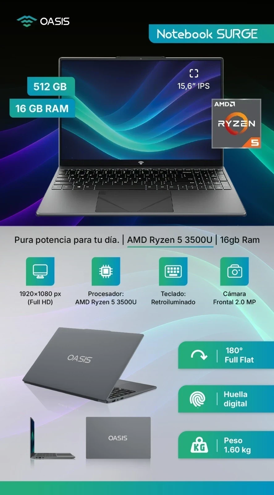 NOTEBOOK OASIS AMD RYZEN 5 3500U PANTALLA 15,6" / 16GB RAM / 512SSD / WINDOWS 11