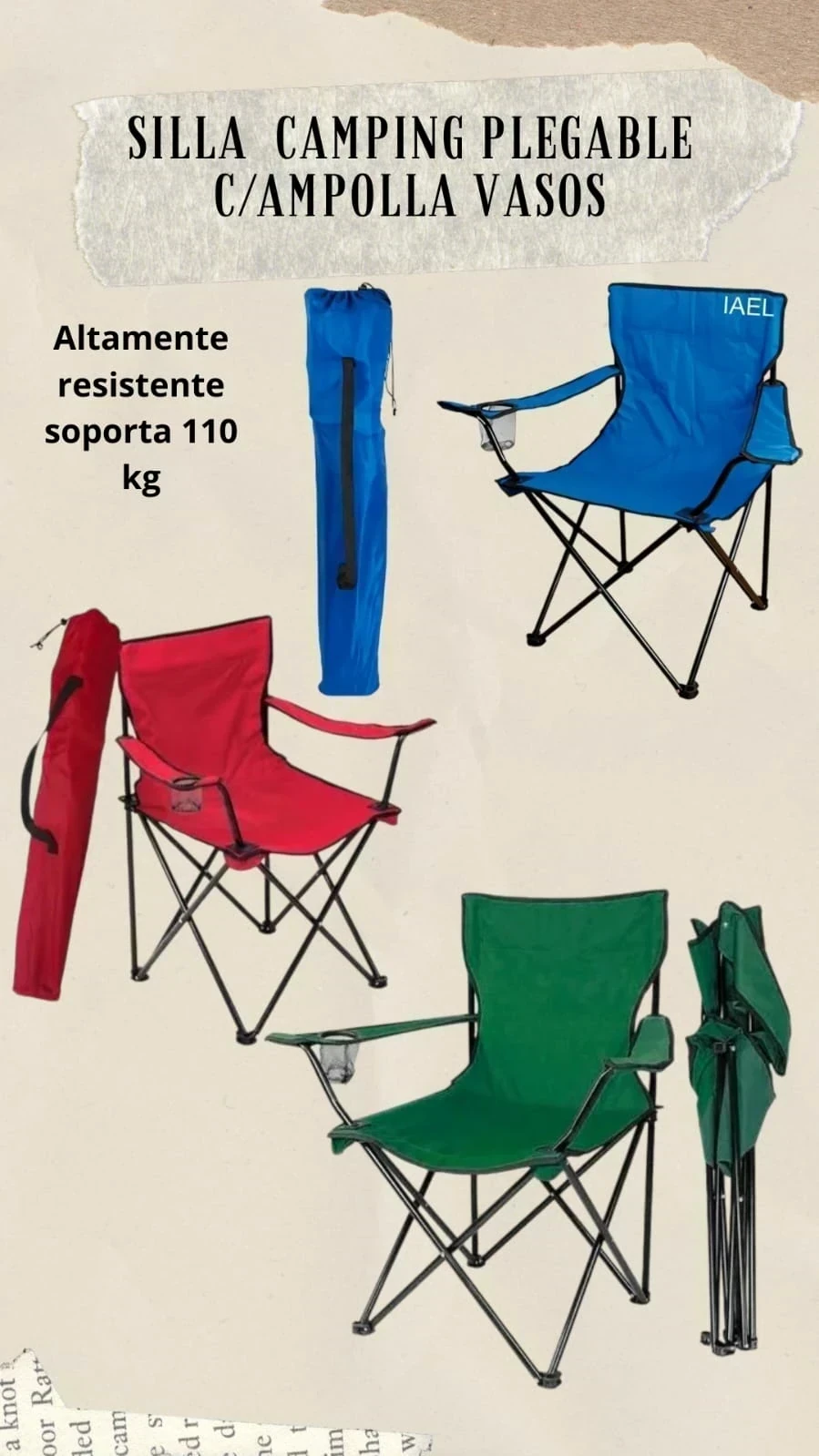 🌞 Silla de  camping plegable c/posa vasos