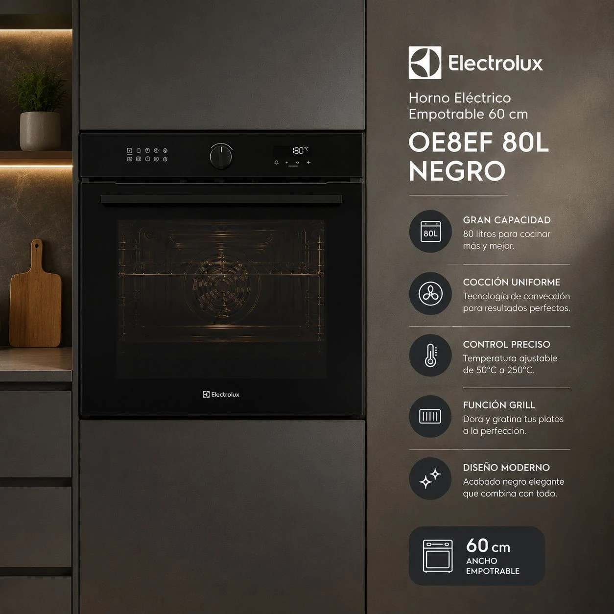 HORNO ELÉCTRICO EMPOTRABLE 60 CM ELECTROLUX OE8EF 80L NEGRO ‼️SOLO POR PEDIDOS ‼️ 