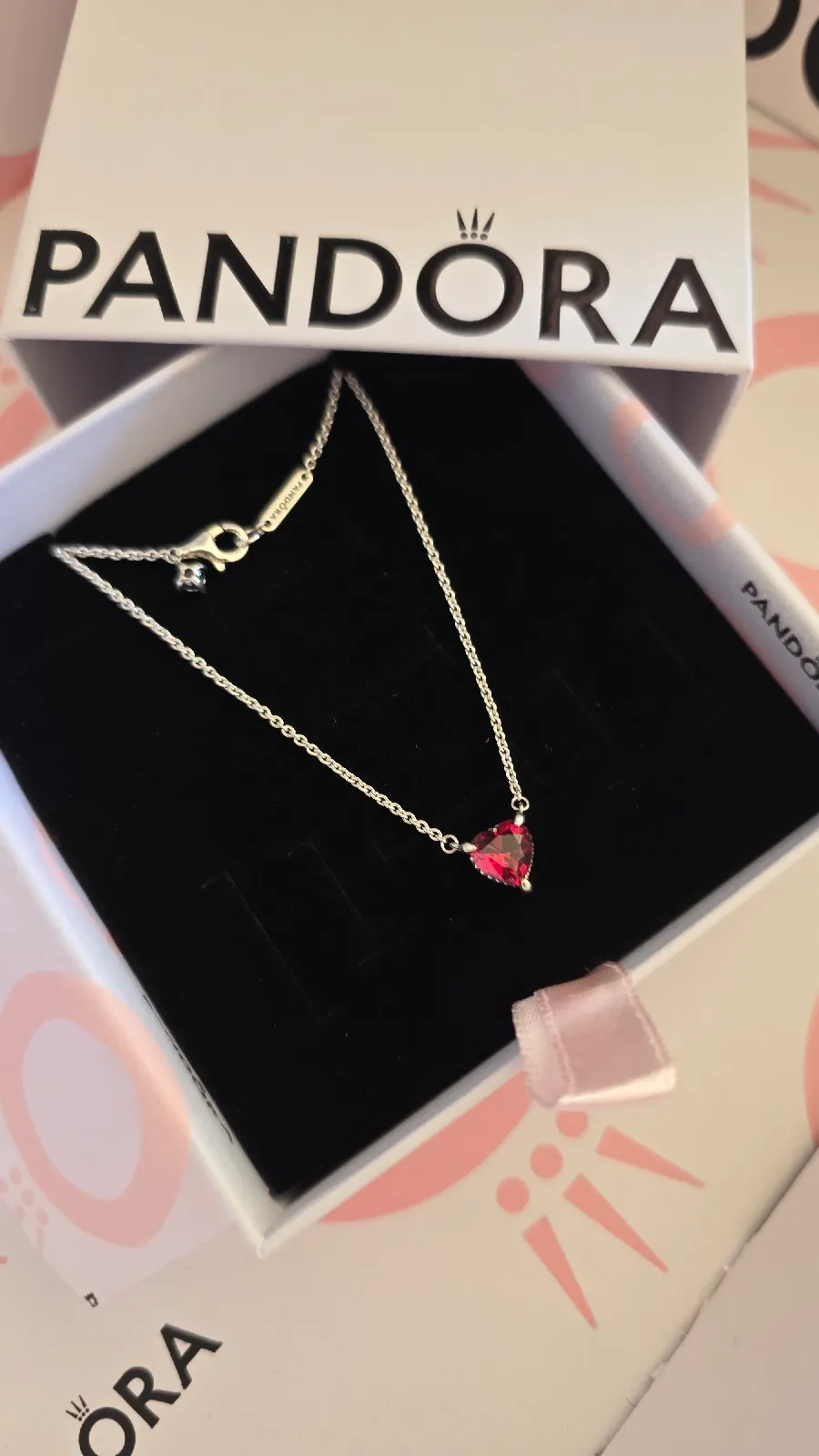 pandora red halo heart silver necklace  2