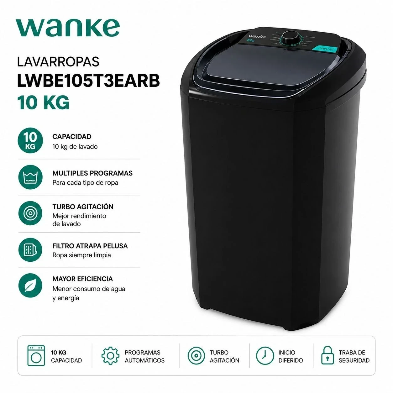 Lavarropas Wanke Lwbe105t3earb 10Kg Negro / Blanco - WANKE