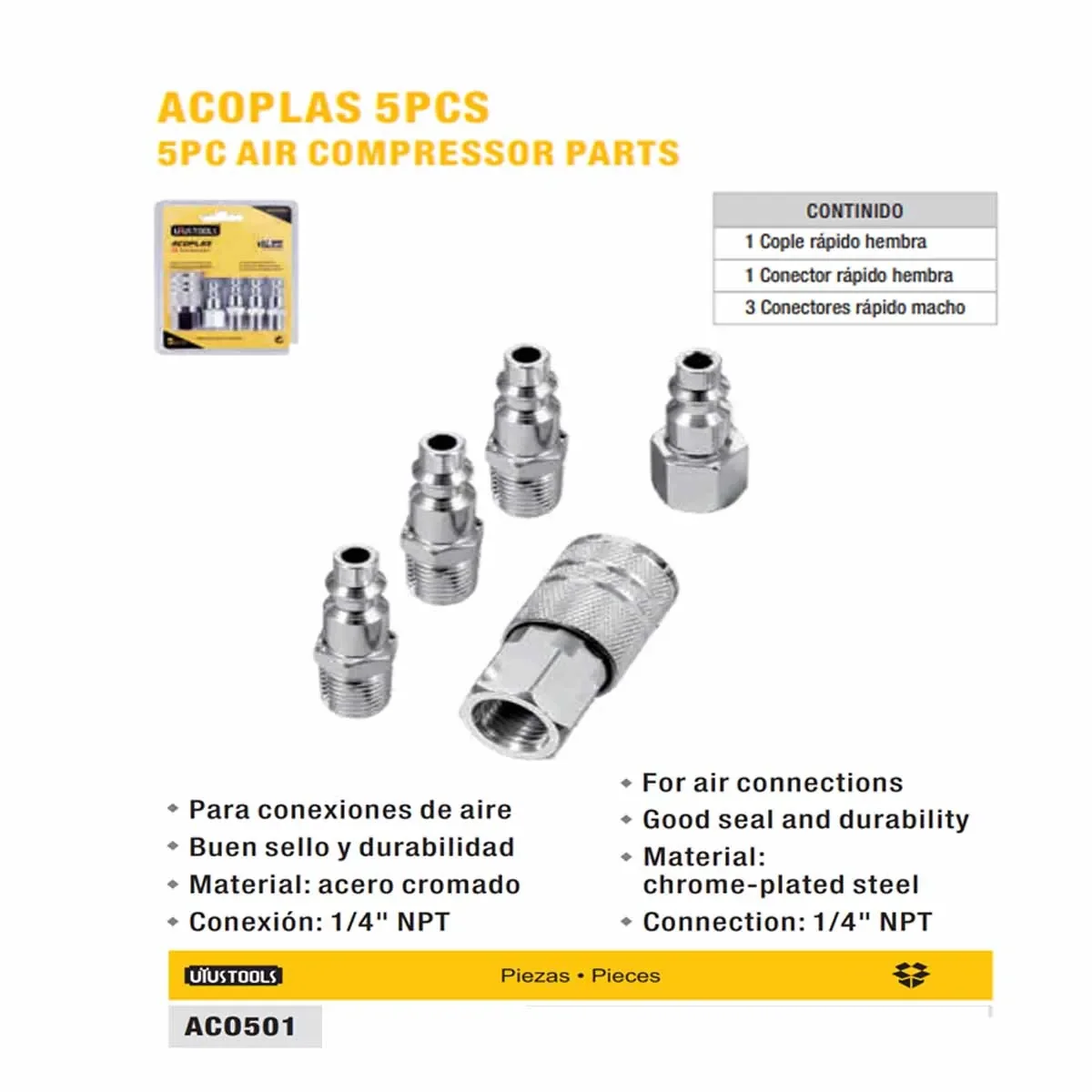 SET ACOPLES COMPRESOR (Plateado) MACHO/HEMBRA UYUST de 5 pzs